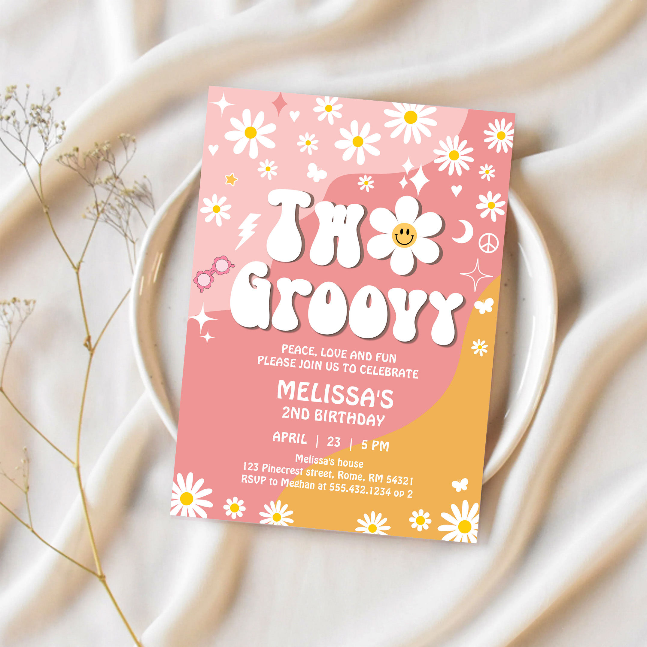 Two Groovy Pink Yellow Daisy Groovy 2nd Birthday Invitation - Image 2