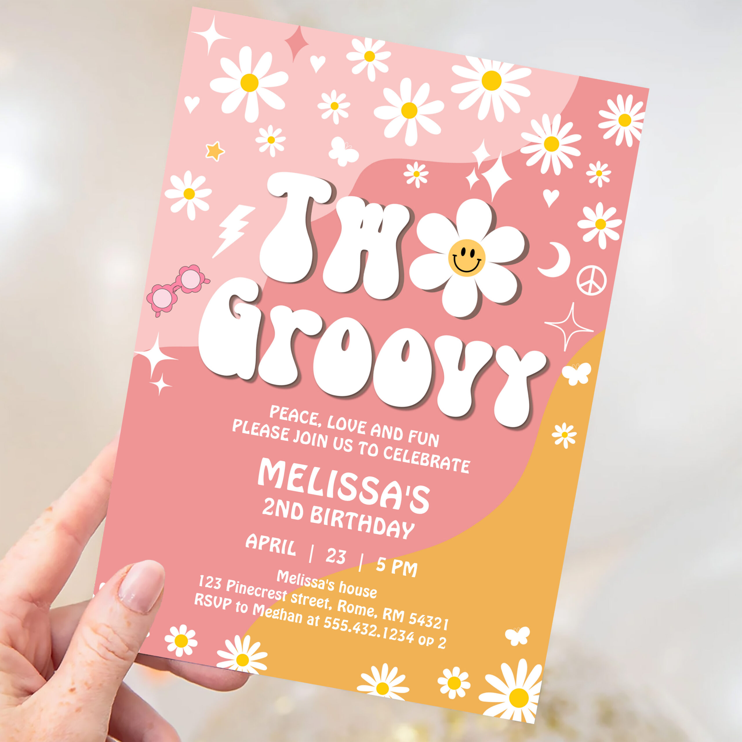 Two Groovy Pink Yellow Daisy Groovy 2nd Birthday Invitation - Image 3