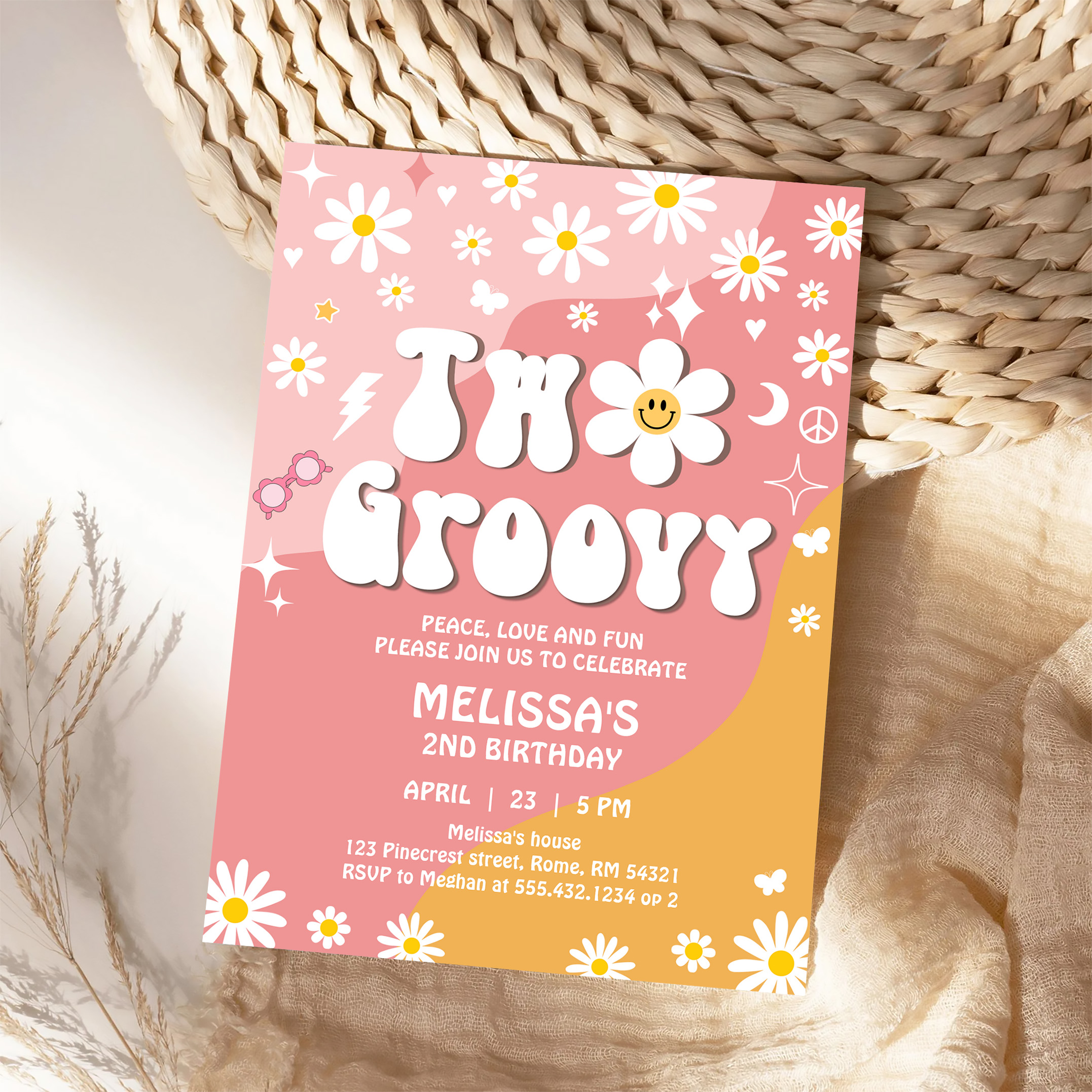 Two Groovy Pink Yellow Daisy Groovy 2nd Birthday Invitation - Image 4