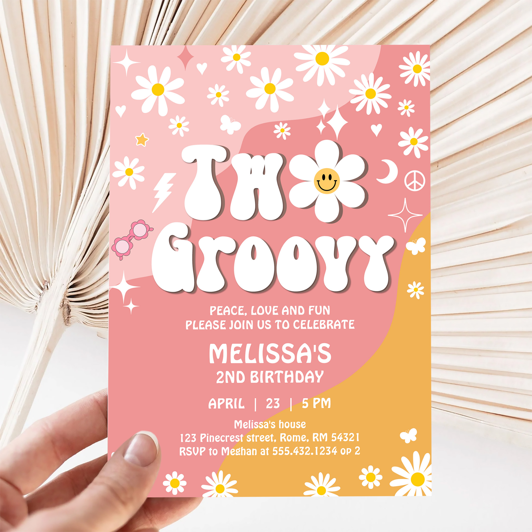 Two Groovy Pink Yellow Daisy Groovy 2nd Birthday Invitation - Image 5