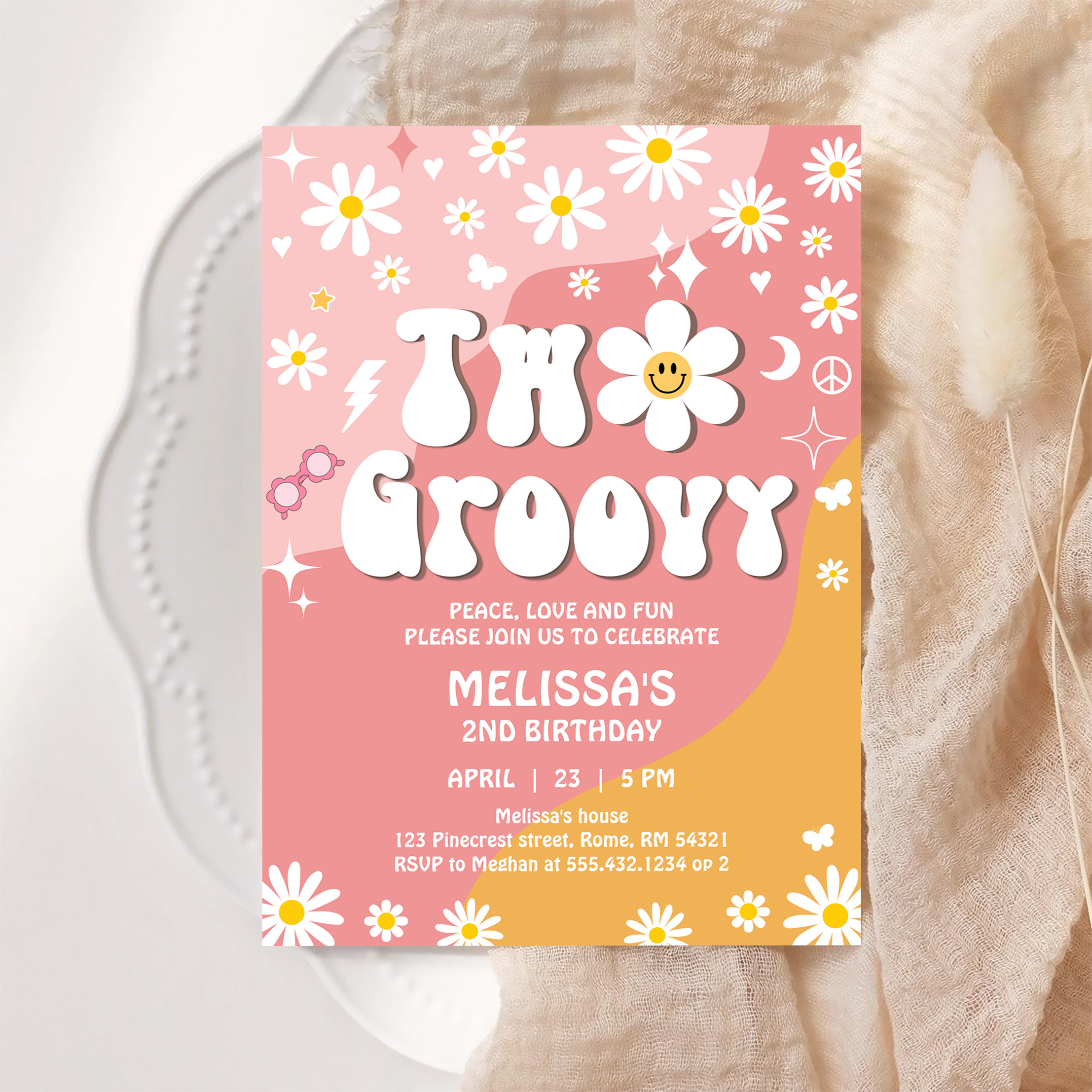 Two Groovy Pink Yellow Daisy Groovy 2nd Birthday Invitation - Image 6