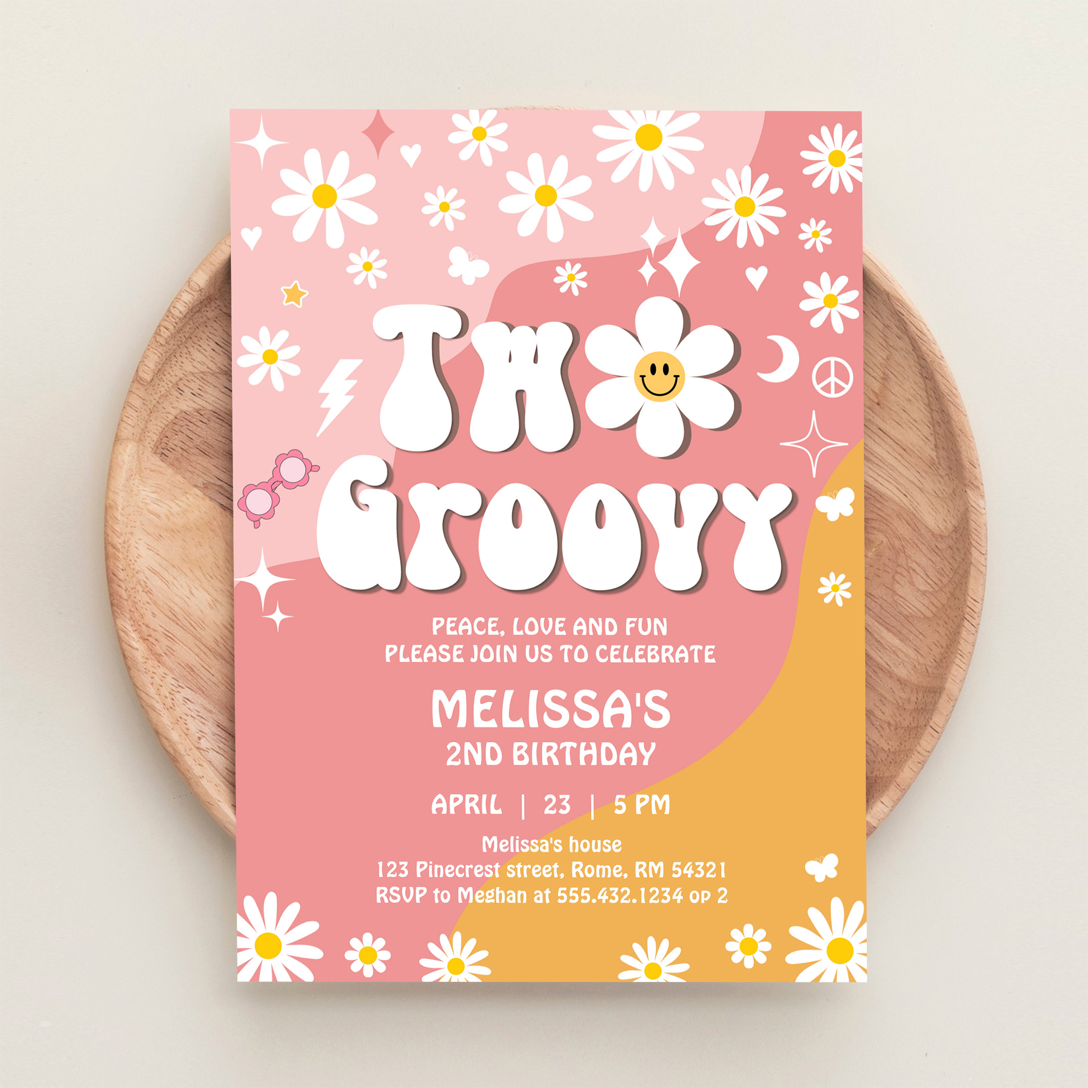 Two Groovy Pink Yellow Daisy Groovy 2nd Birthday Invitation - Image 7