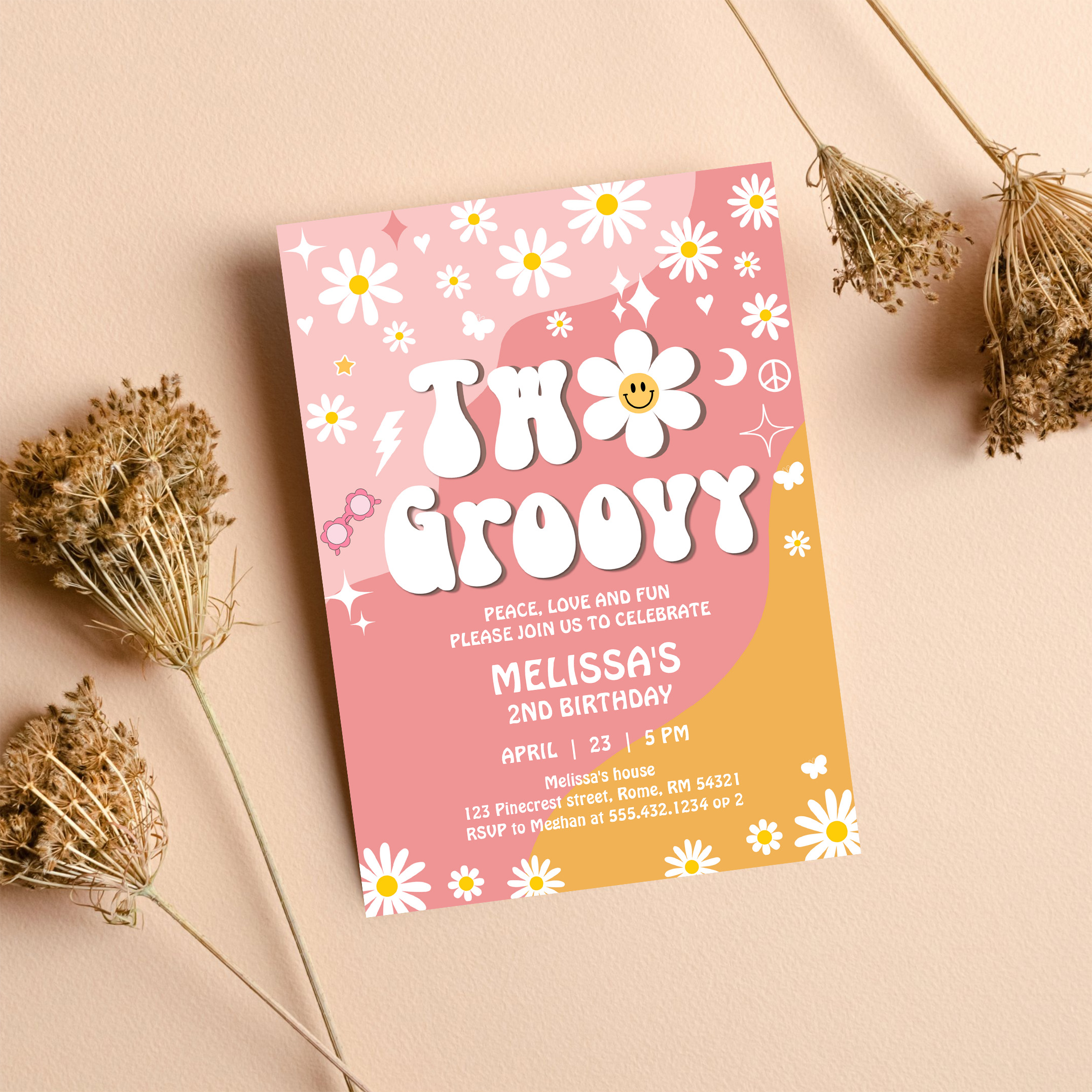 Two Groovy Pink Yellow Daisy Groovy 2nd Birthday Invitation - Image 8