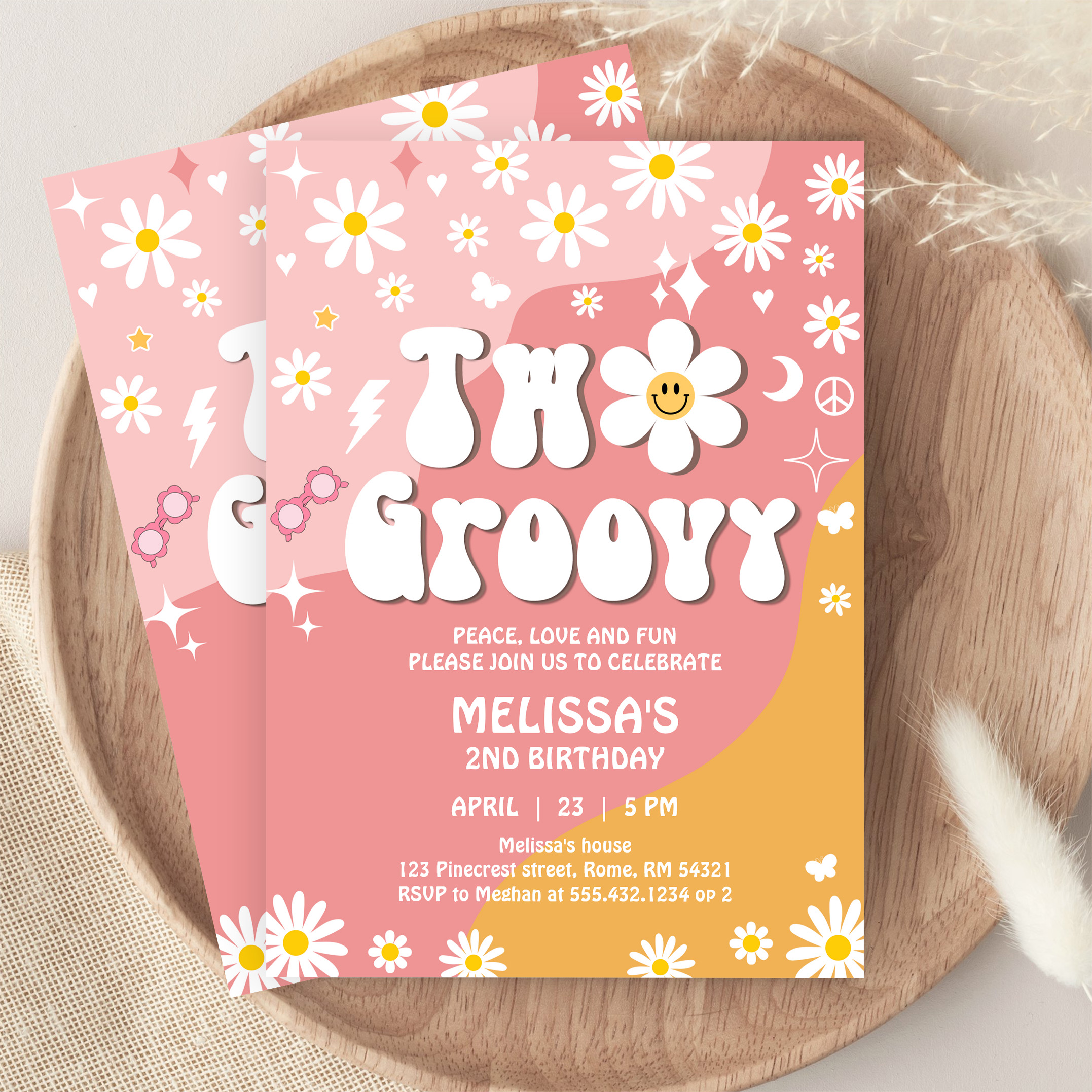 Two Groovy Pink Yellow Daisy Groovy 2nd Birthday Invitation - Image 9