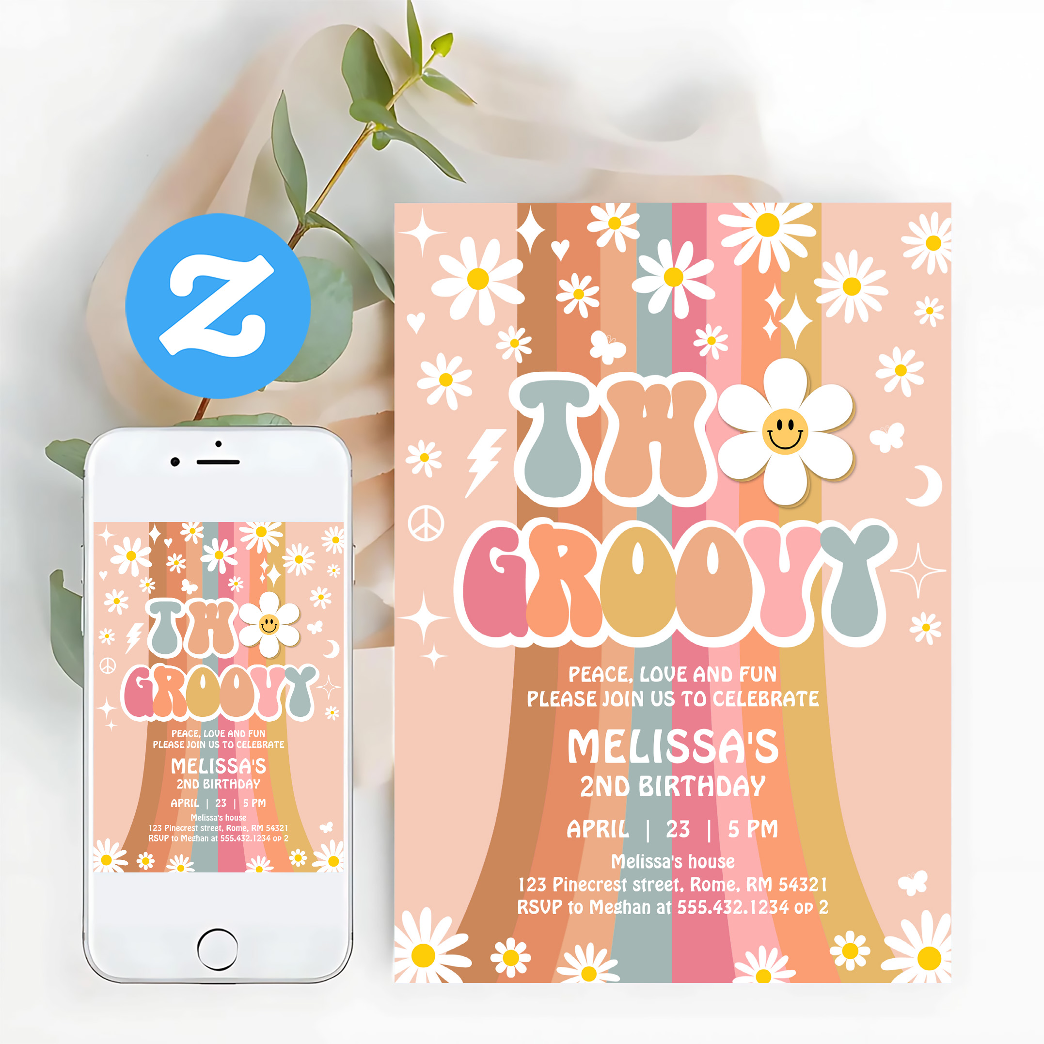 Two Groovy Rainbow 2nd Birthday Retro 70S Invitation - Image 12