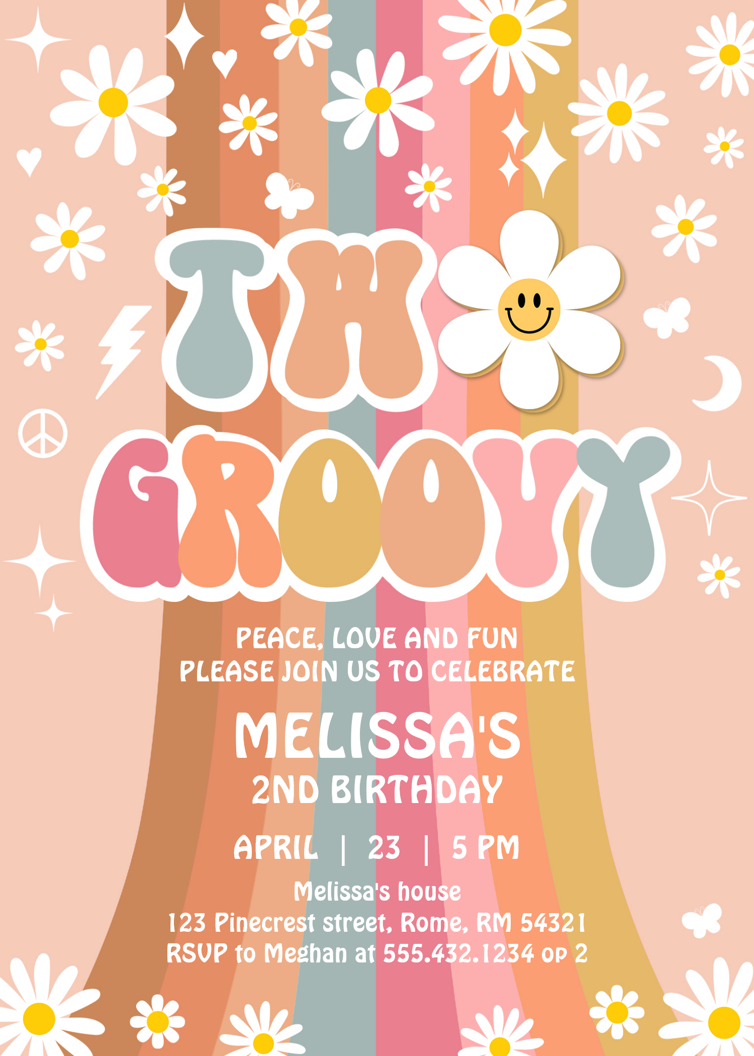 Two Groovy Rainbow 2nd Birthday Retro 70S Invitation