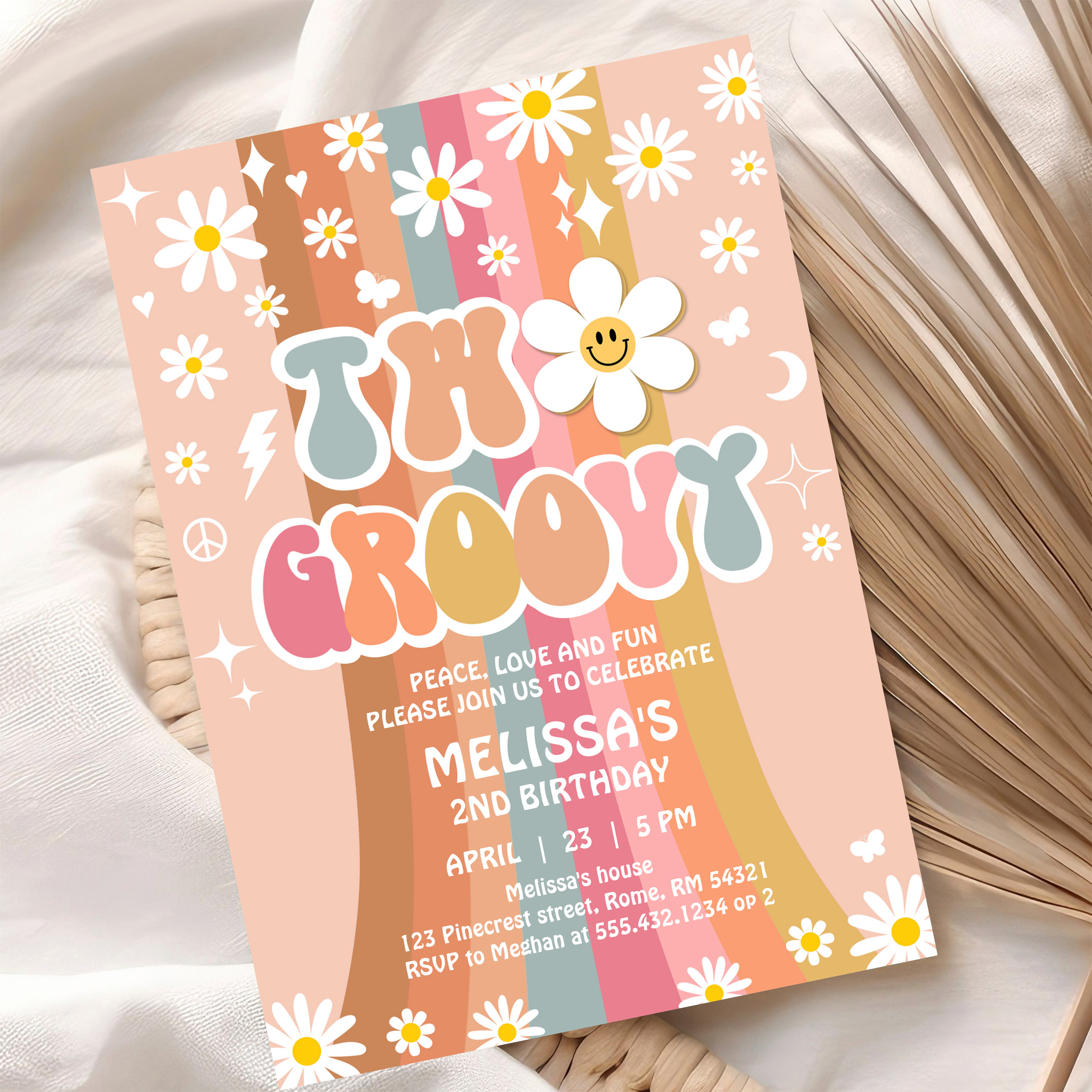 Two Groovy Rainbow 2nd Birthday Retro 70S Invitation - Image 10