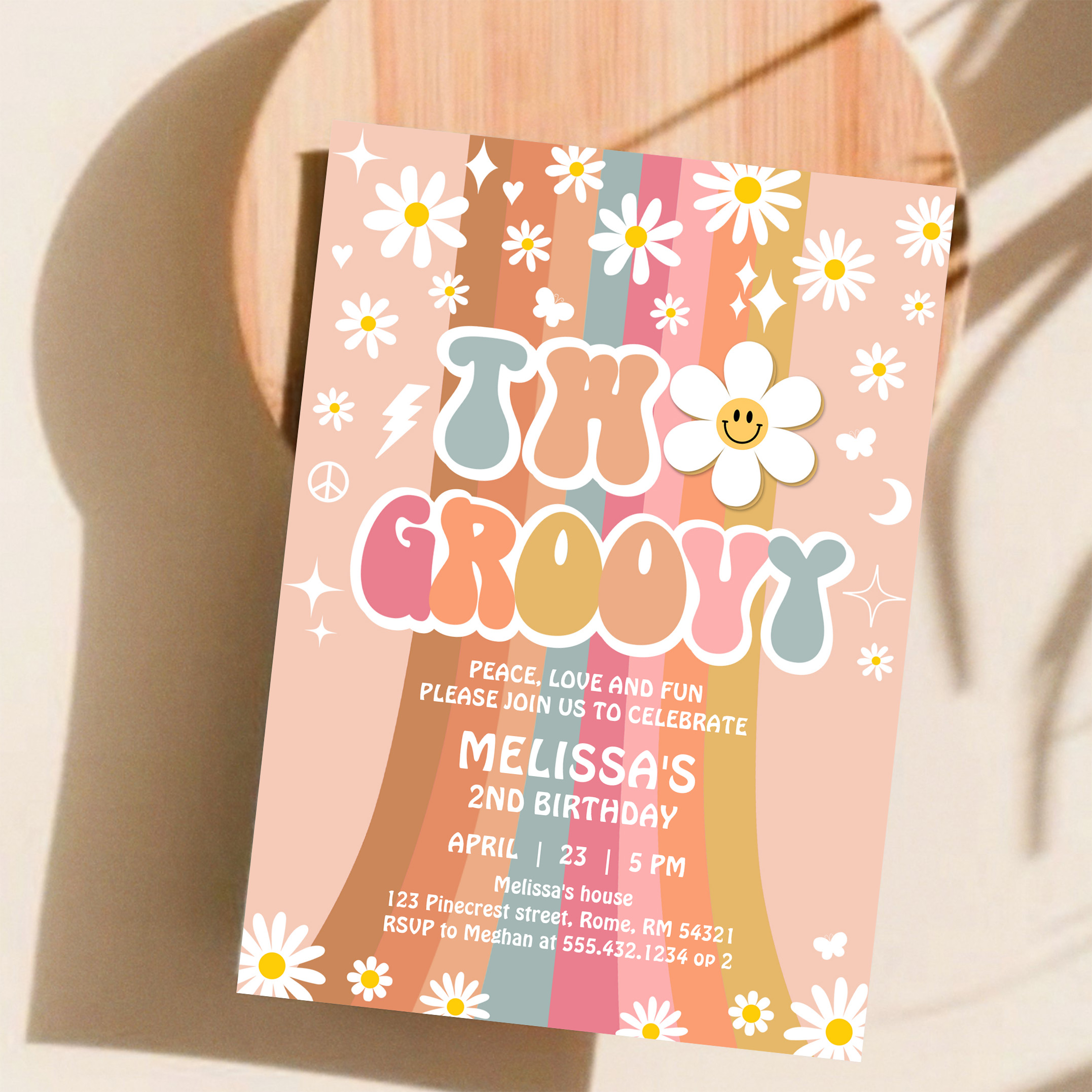 Two Groovy Rainbow 2nd Birthday Retro 70S Invitation - Image 11