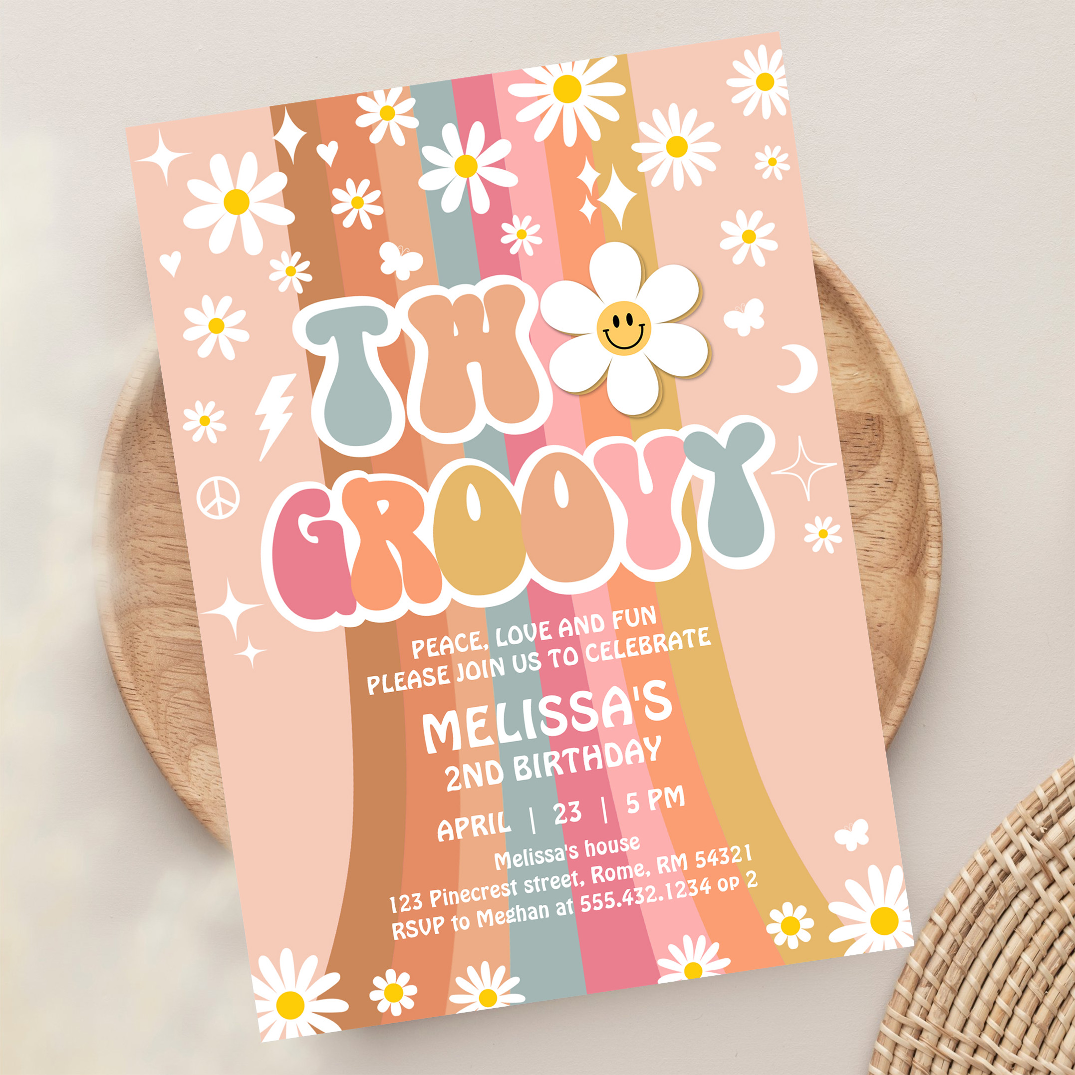 Two Groovy Rainbow 2nd Birthday Retro 70S Invitation - Image 13
