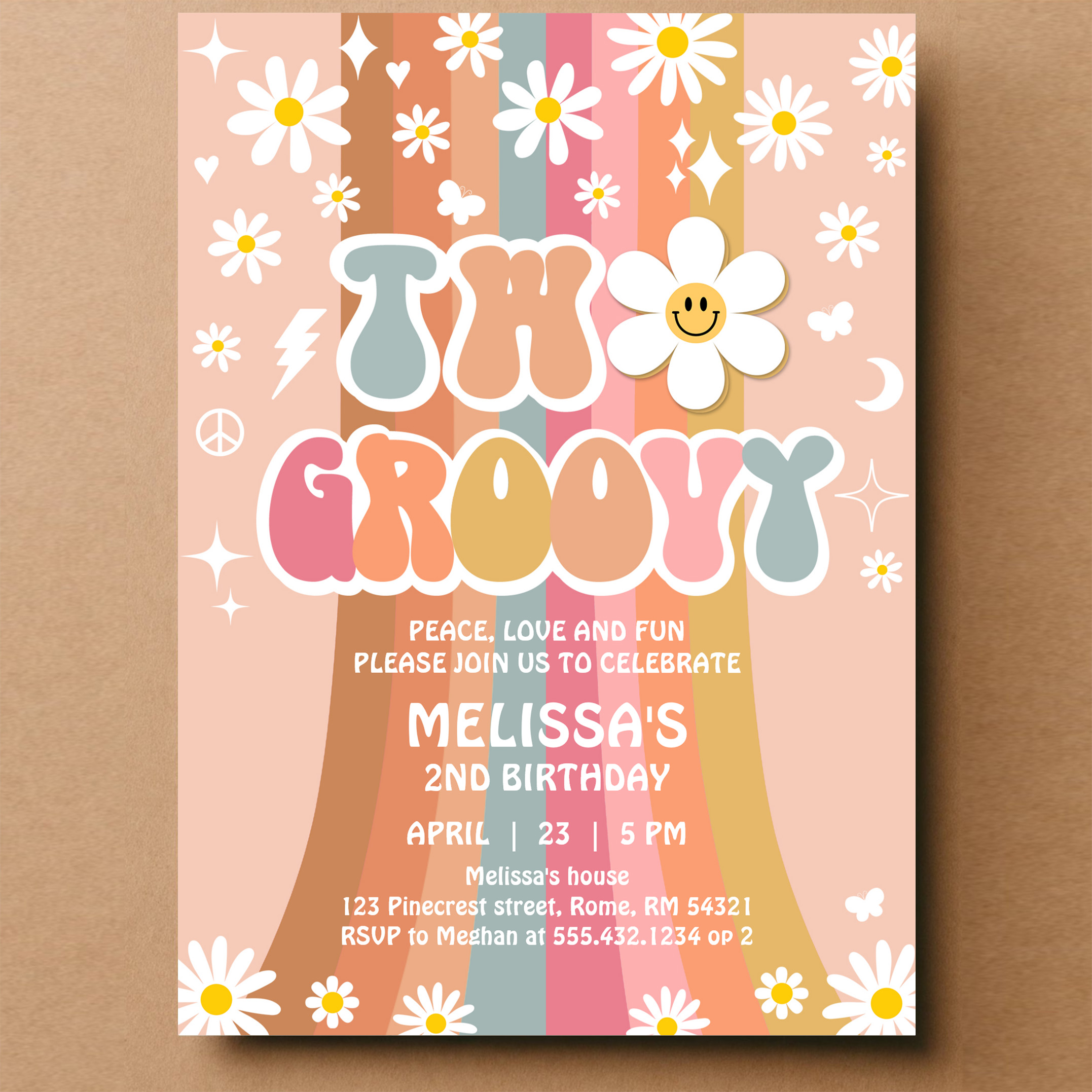 Two Groovy Rainbow 2nd Birthday Retro 70S Invitation - Image 14