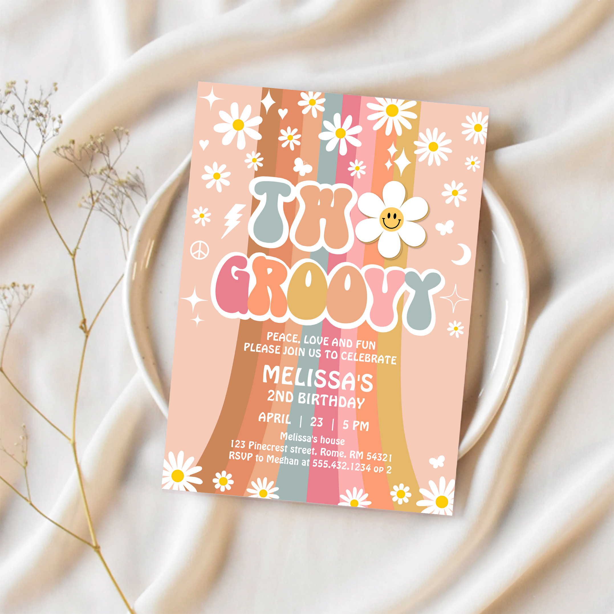 Two Groovy Rainbow 2nd Birthday Retro 70S Invitation - Image 2