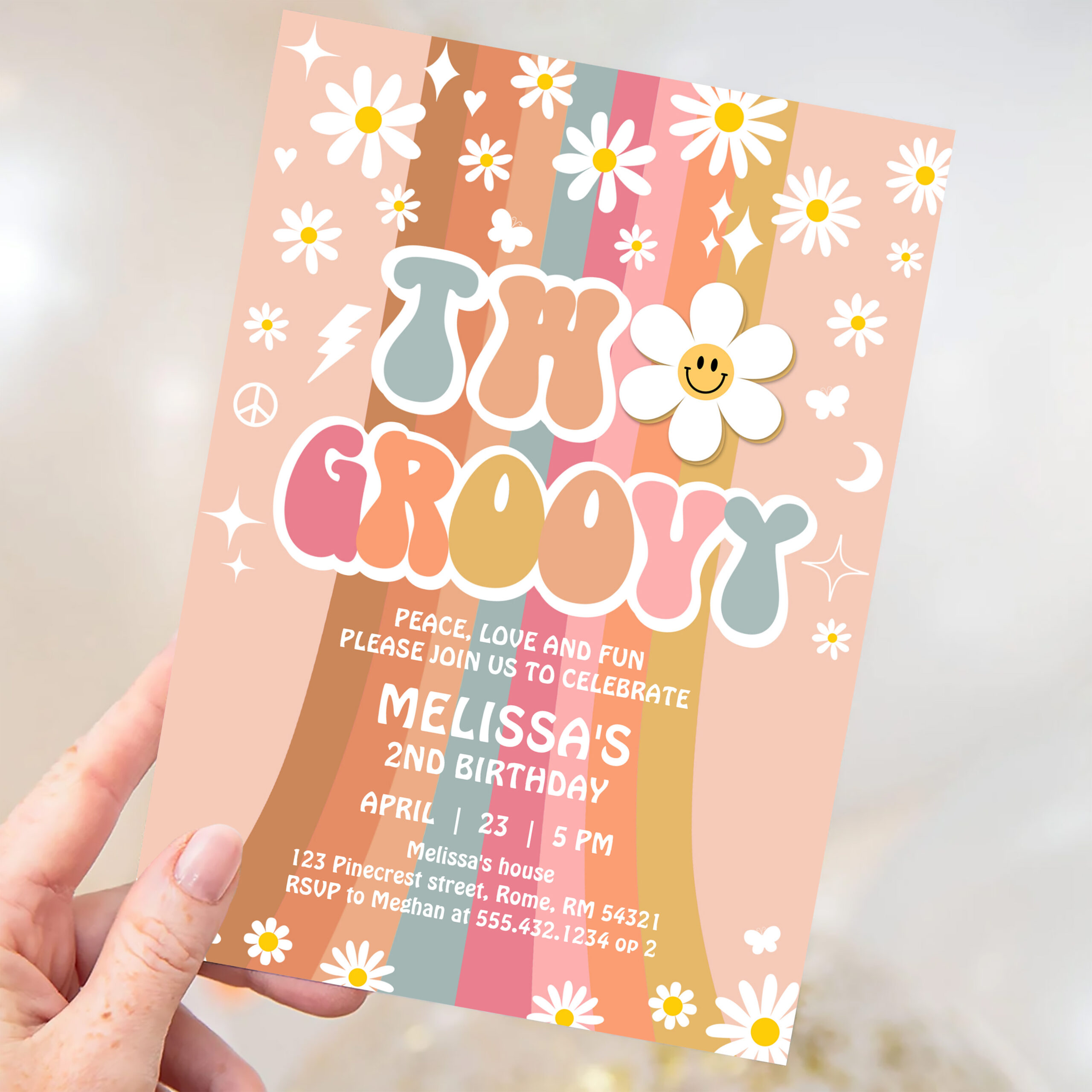 Two Groovy Rainbow 2nd Birthday Retro 70S Invitation - Image 3