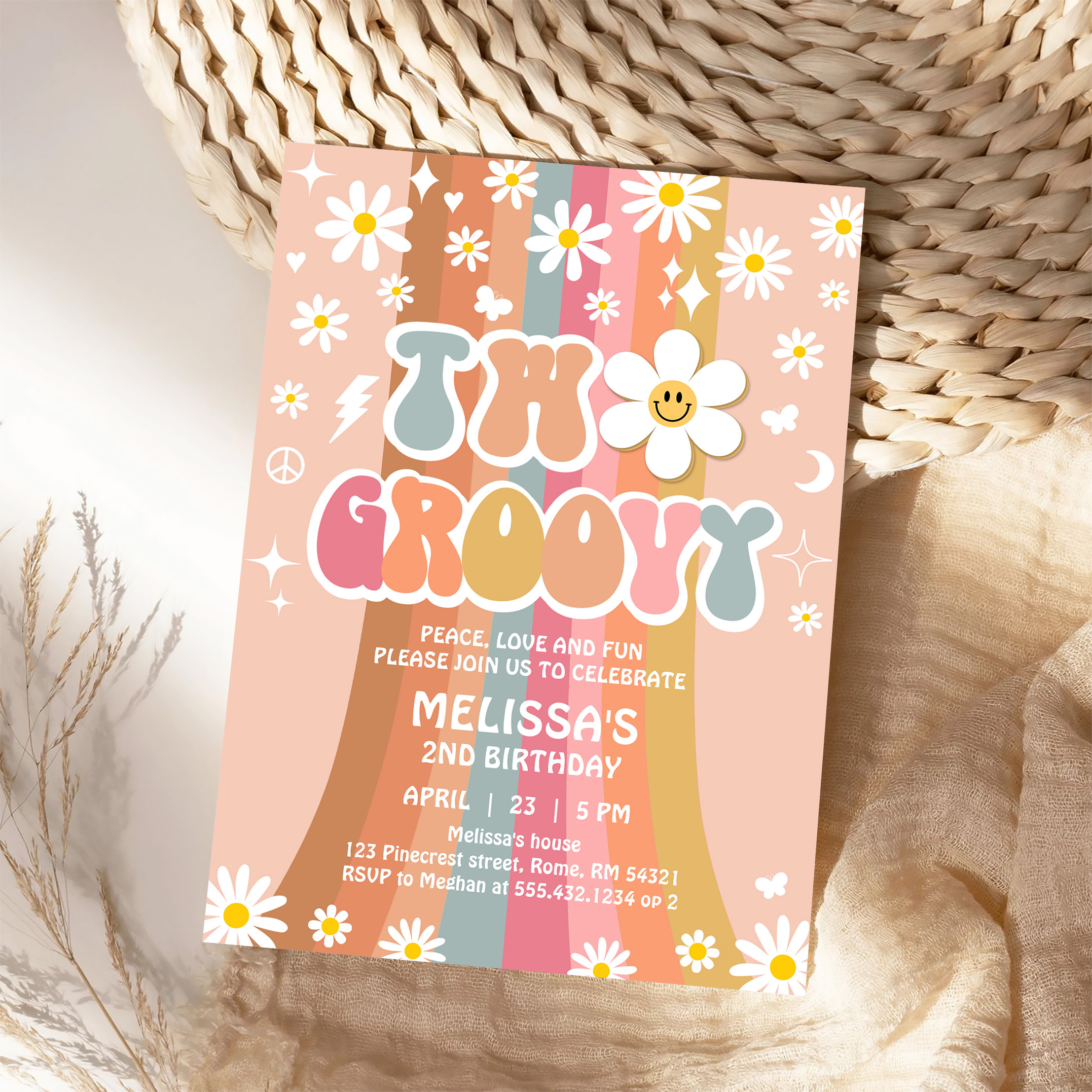 Two Groovy Rainbow 2nd Birthday Retro 70S Invitation - Image 4