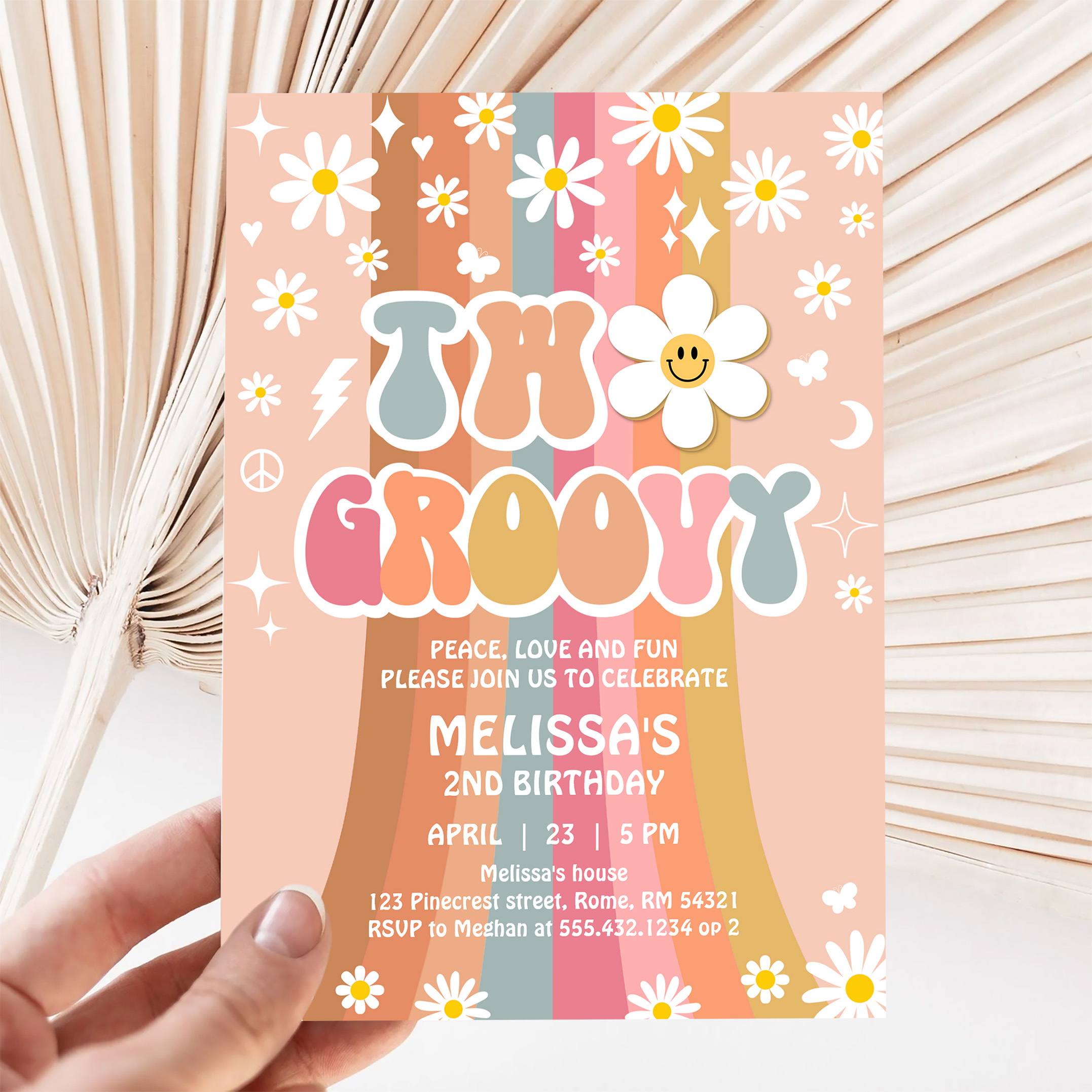 Two Groovy Rainbow 2nd Birthday Retro 70S Invitation - Image 5