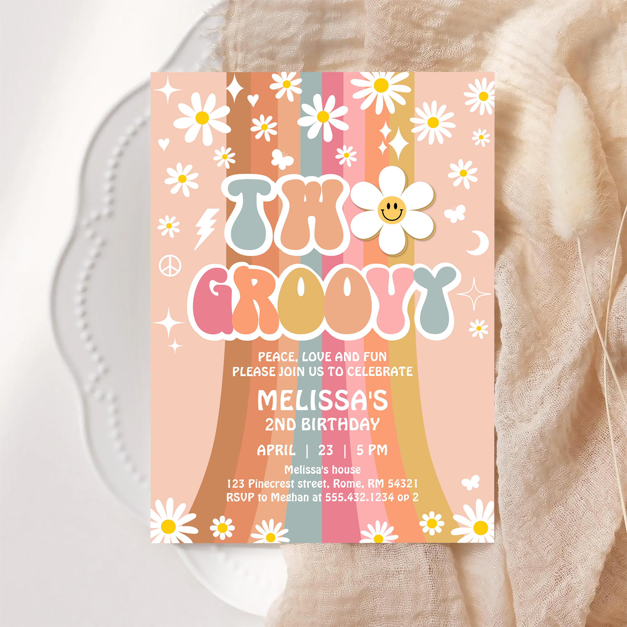 Two Groovy Rainbow 2nd Birthday Retro 70S Invitation - Image 6