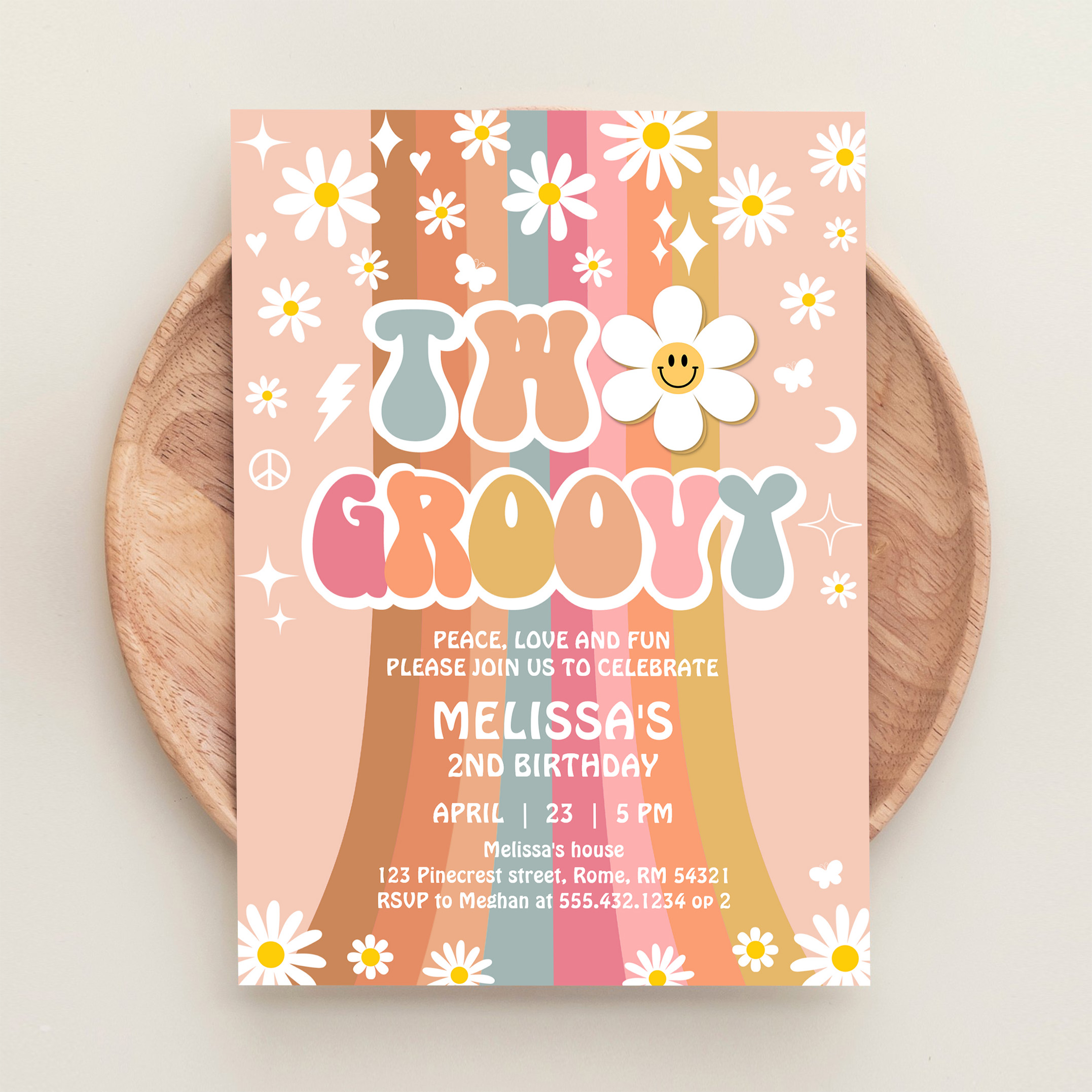Two Groovy Rainbow 2nd Birthday Retro 70S Invitation - Image 7