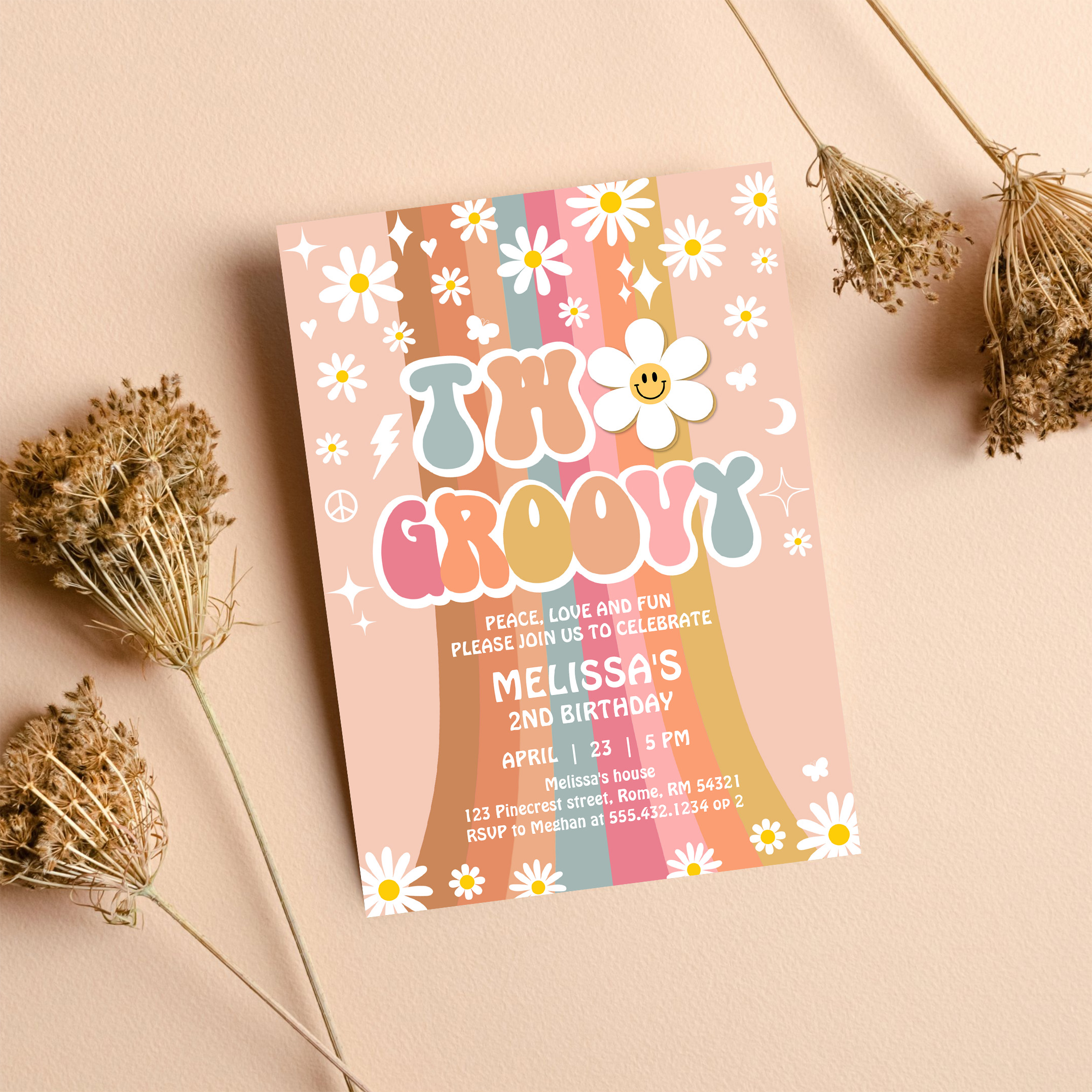 Two Groovy Rainbow 2nd Birthday Retro 70S Invitation - Image 8