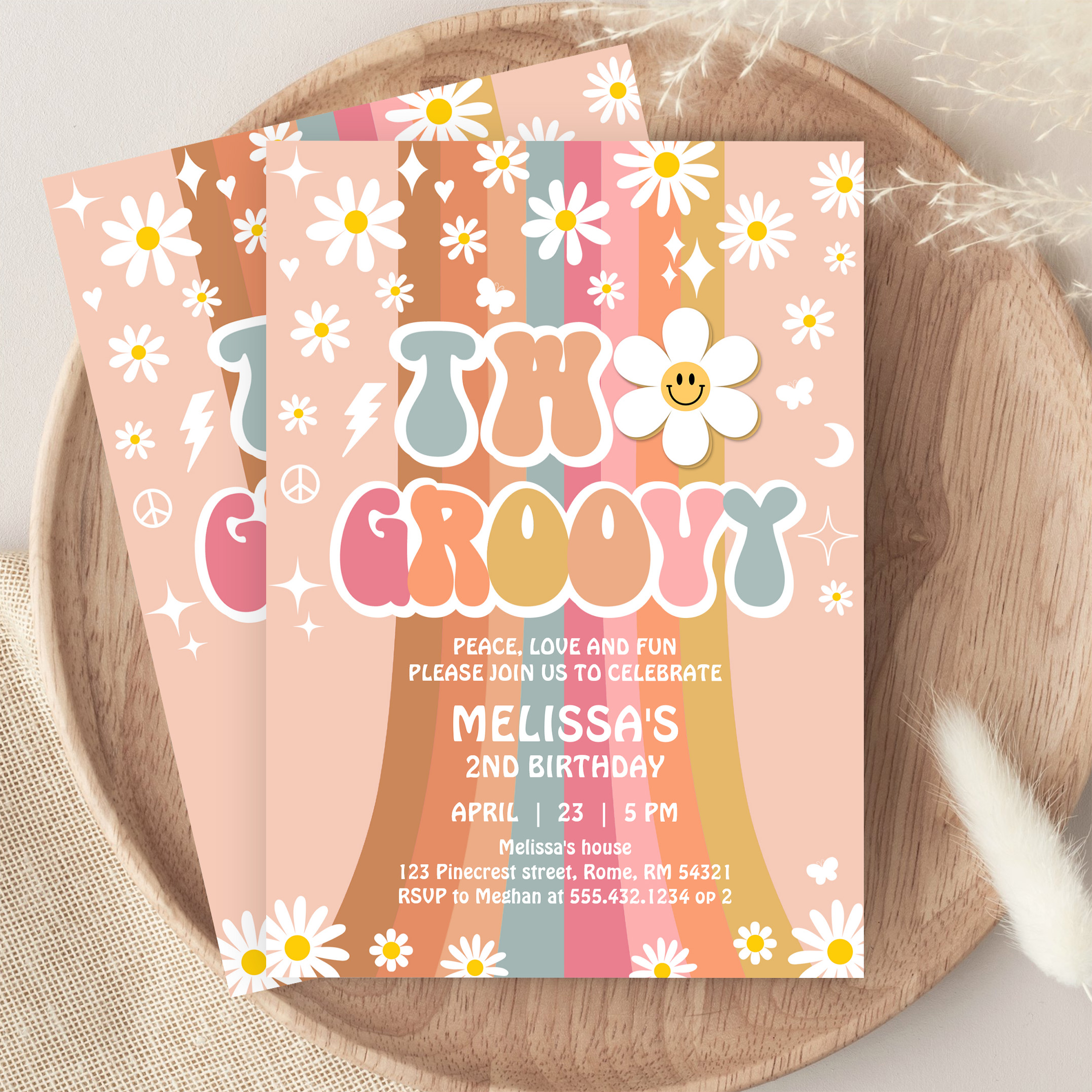 Two Groovy Rainbow 2nd Birthday Retro 70S Invitation - Image 9