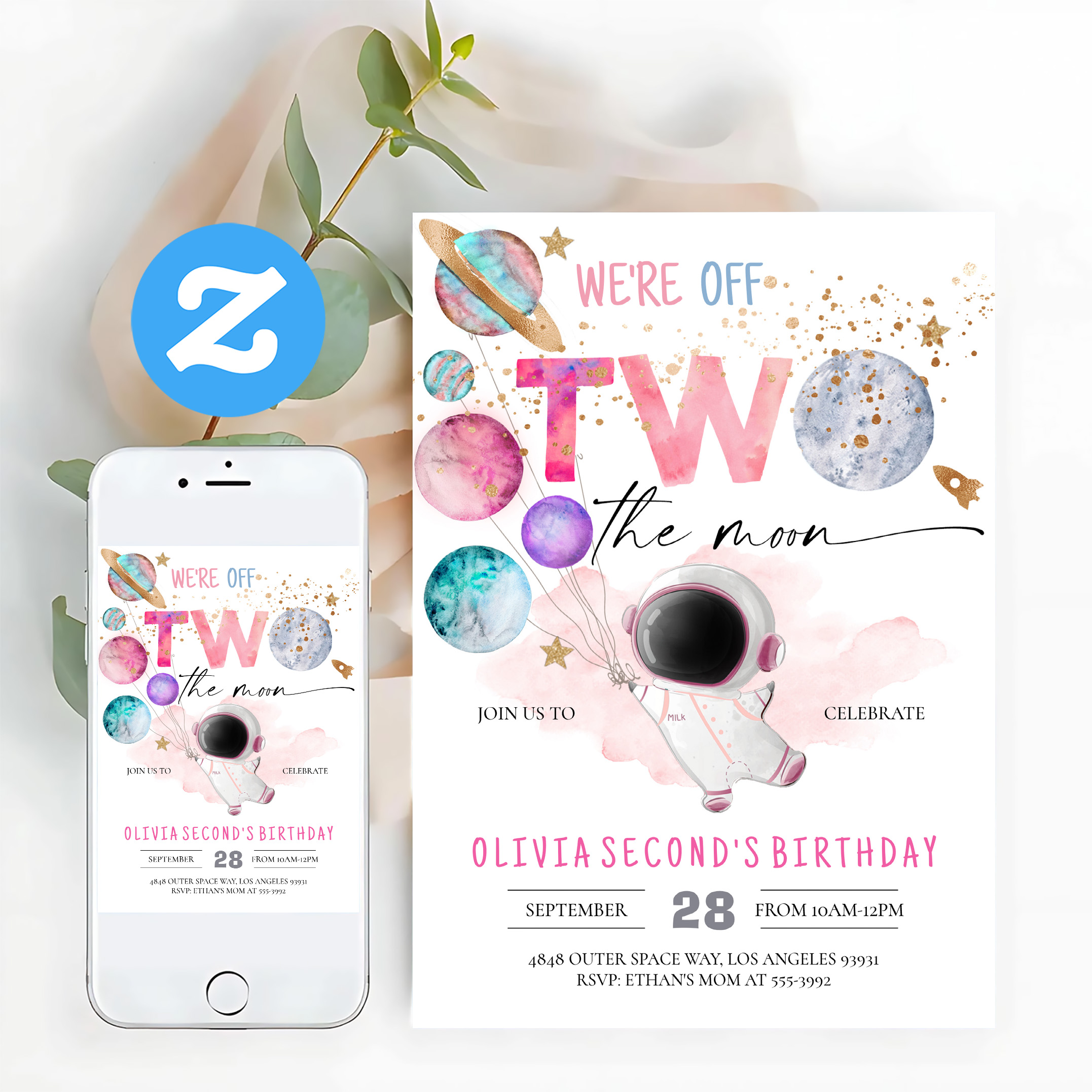 Two The Moon Astronaut Girl 2nd Birthday Invitation - Image 12