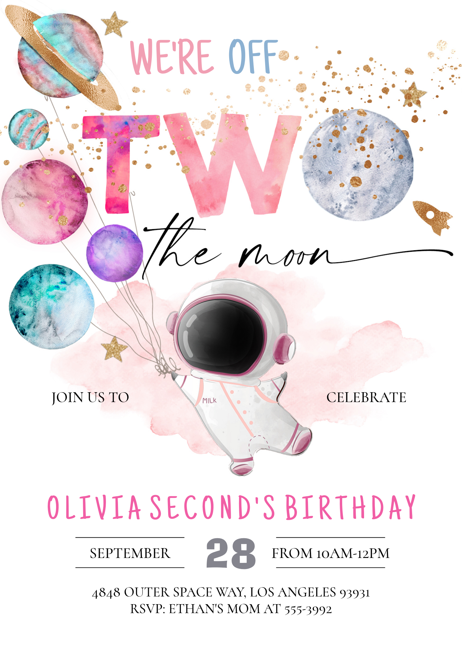 Two The Moon Astronaut Girl 2nd Birthday Invitation