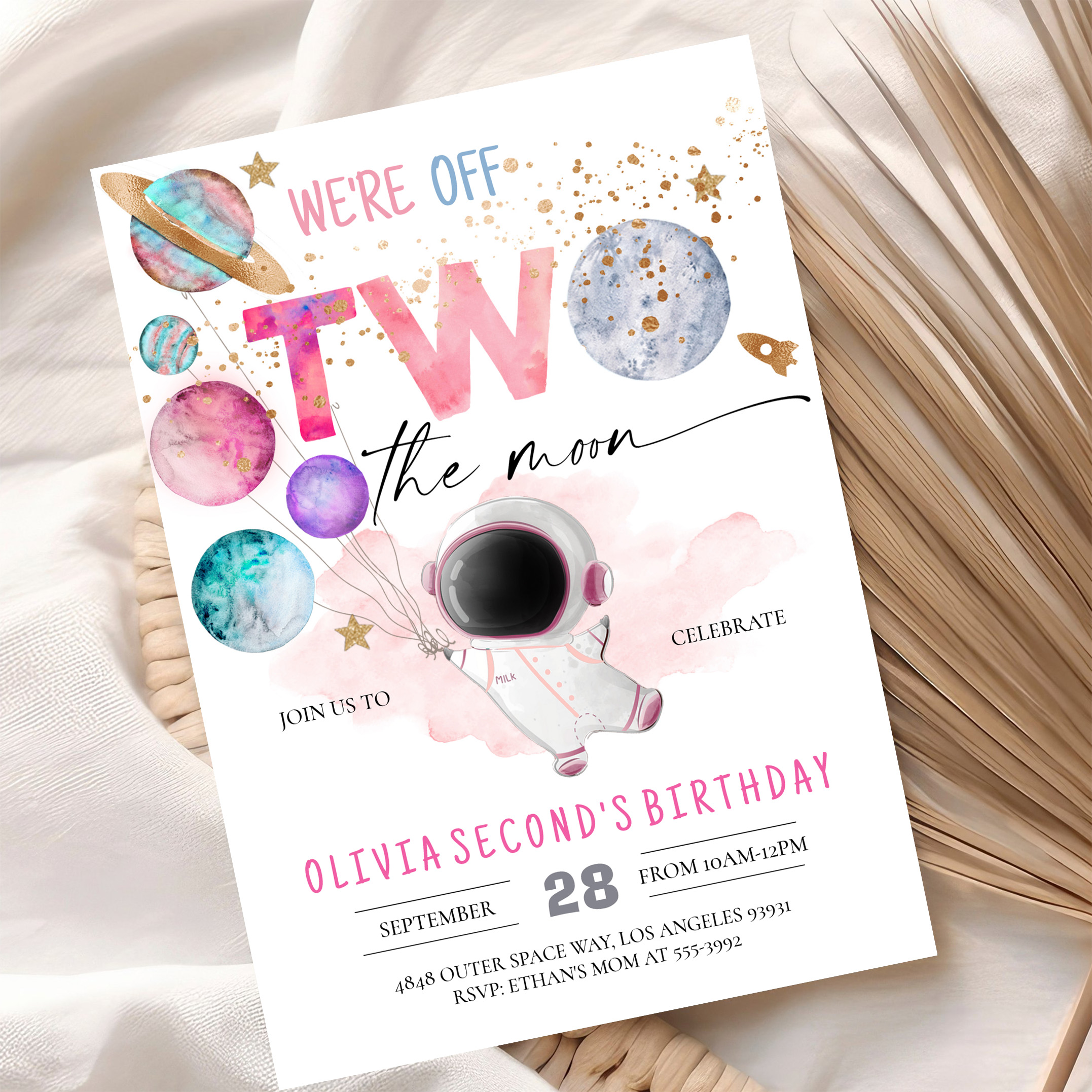 Two The Moon Astronaut Girl 2nd Birthday Invitation - Image 10