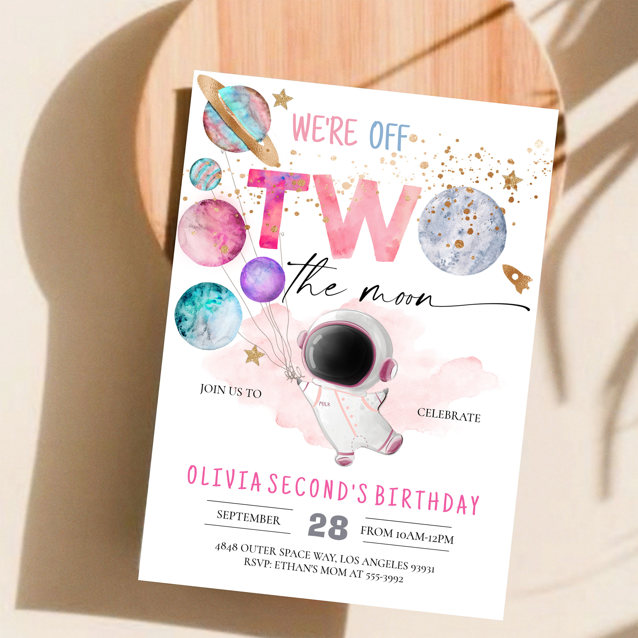 Two The Moon Astronaut Girl 2nd Birthday Invitation - Image 11