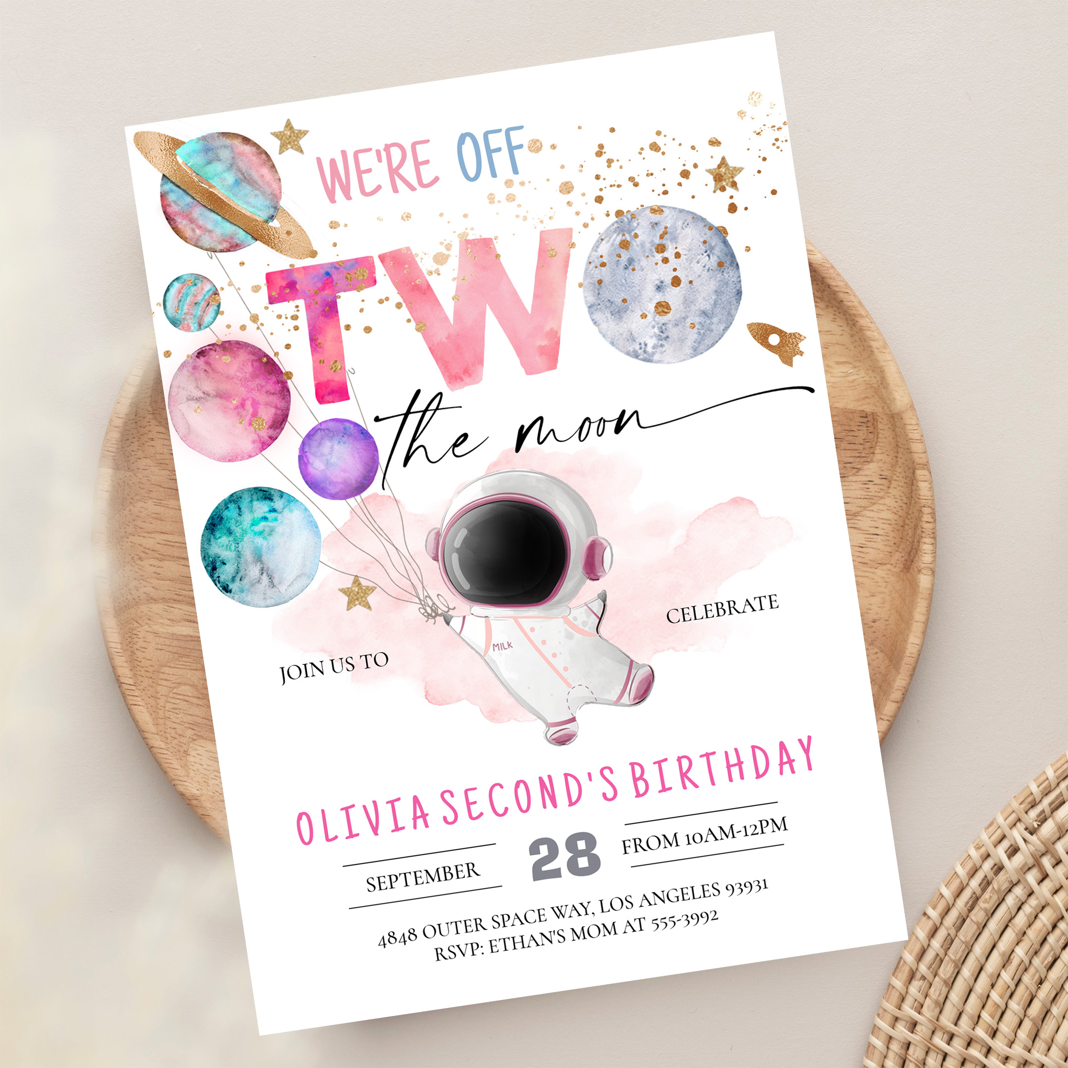 Two The Moon Astronaut Girl 2nd Birthday Invitation - Image 13