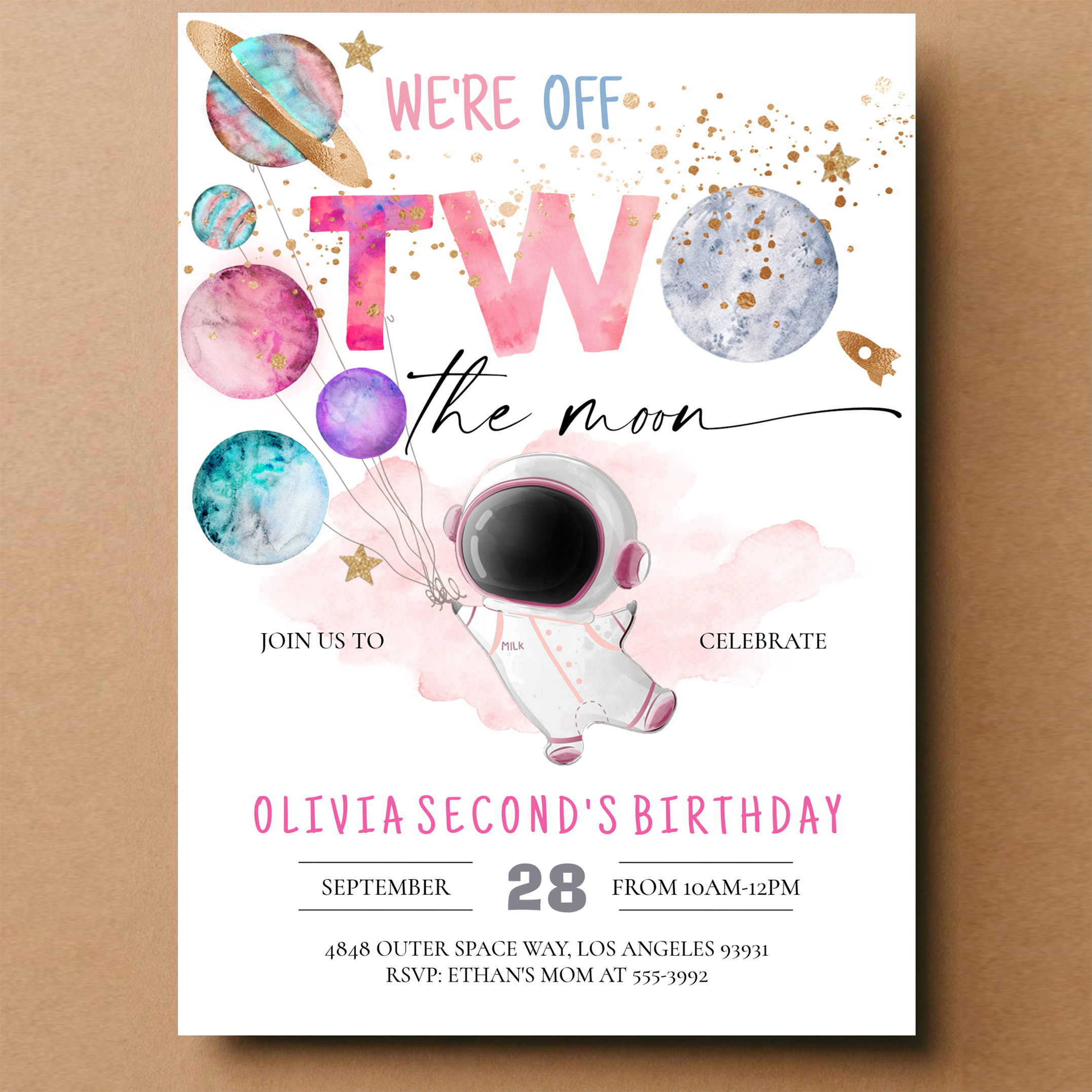 Two The Moon Astronaut Girl 2nd Birthday Invitation - Image 14