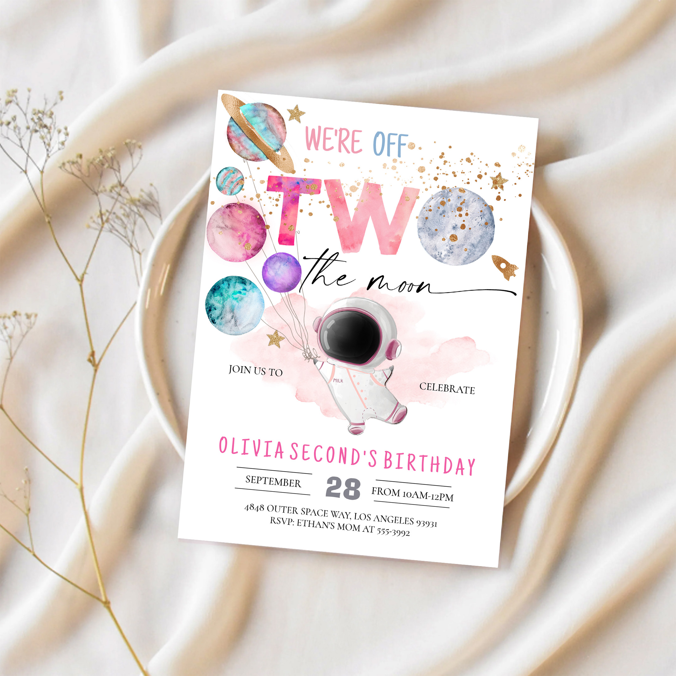 Two The Moon Astronaut Girl 2nd Birthday Invitation - Image 2