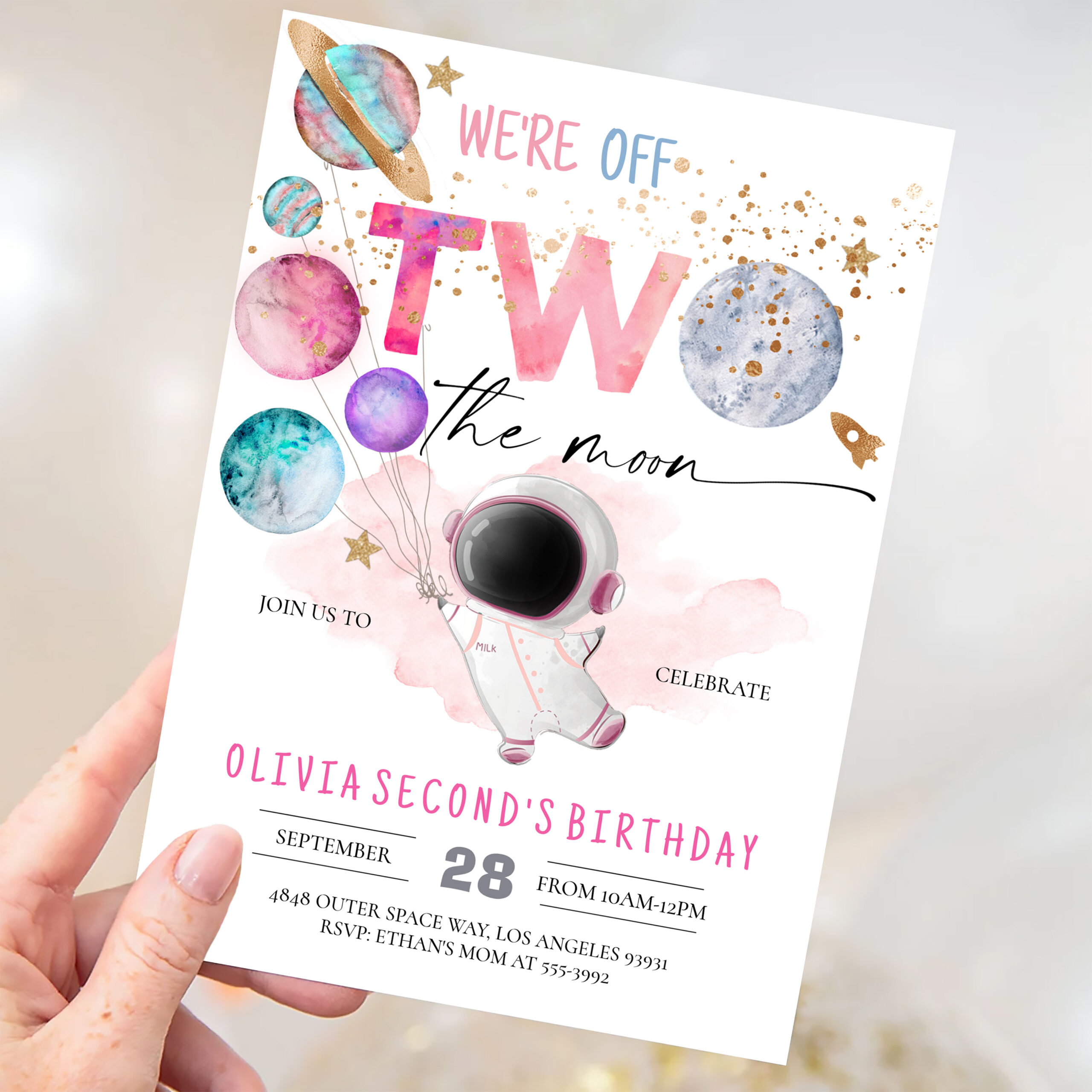 Two The Moon Astronaut Girl 2nd Birthday Invitation - Image 3