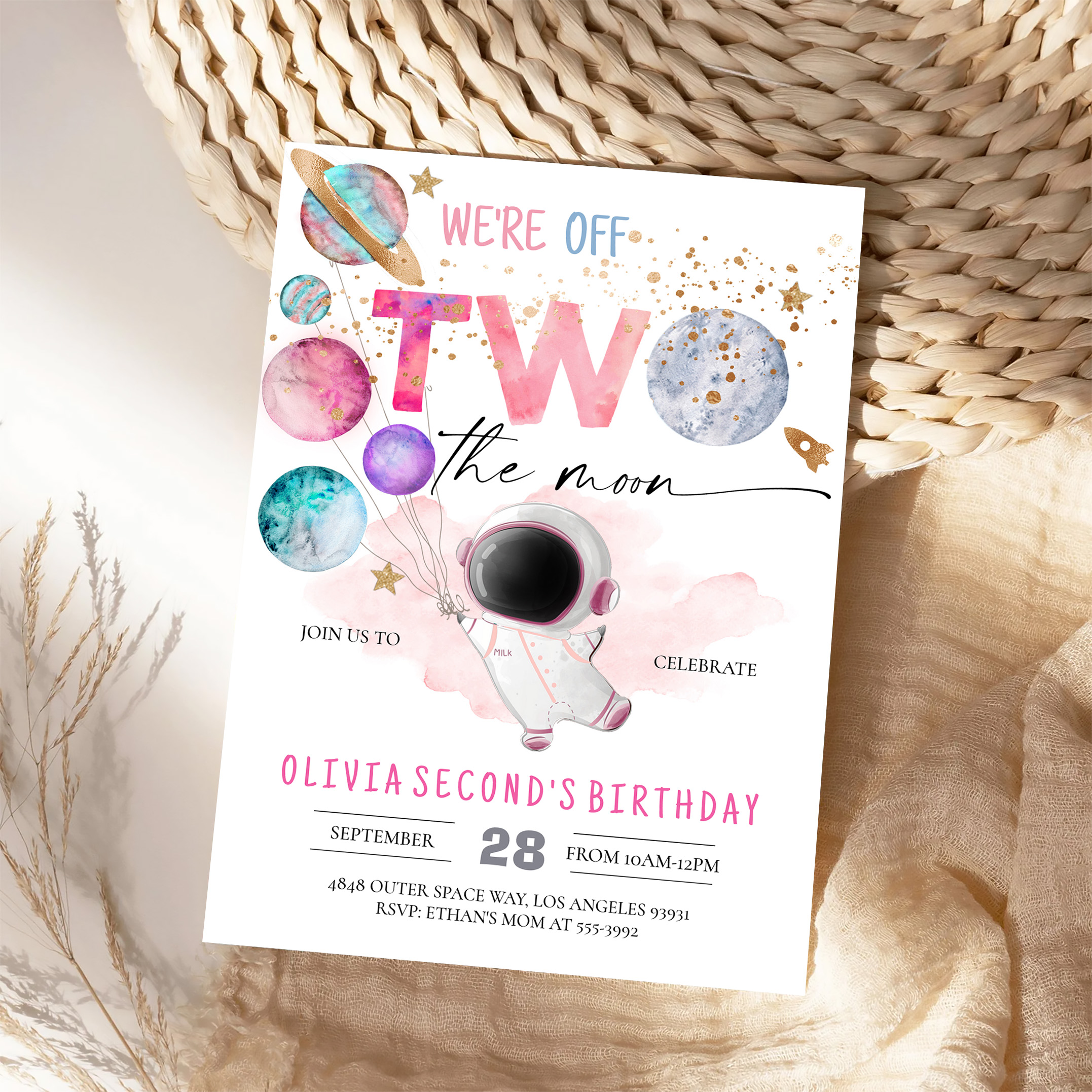 Two The Moon Astronaut Girl 2nd Birthday Invitation - Image 4