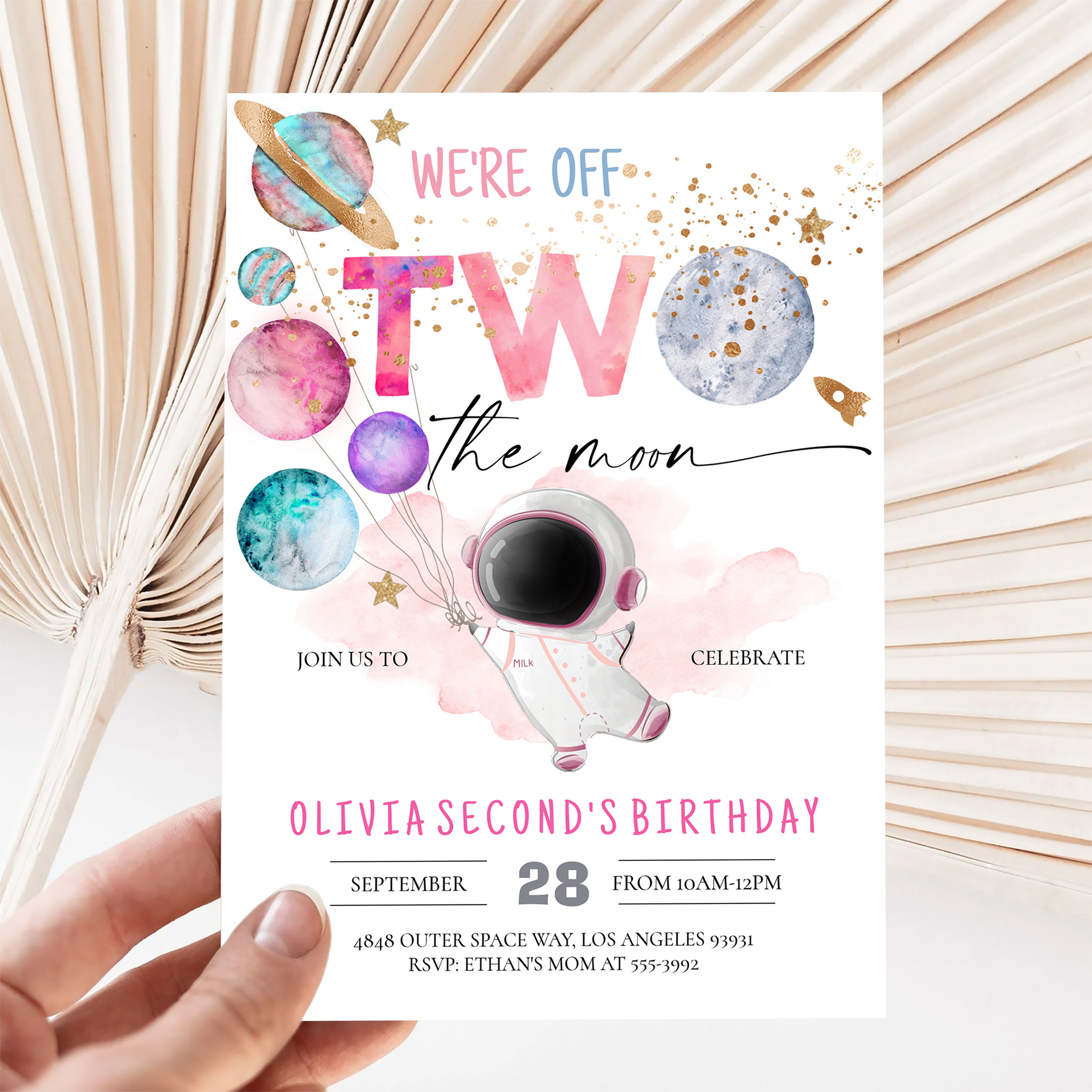 Two The Moon Astronaut Girl 2nd Birthday Invitation - Image 5