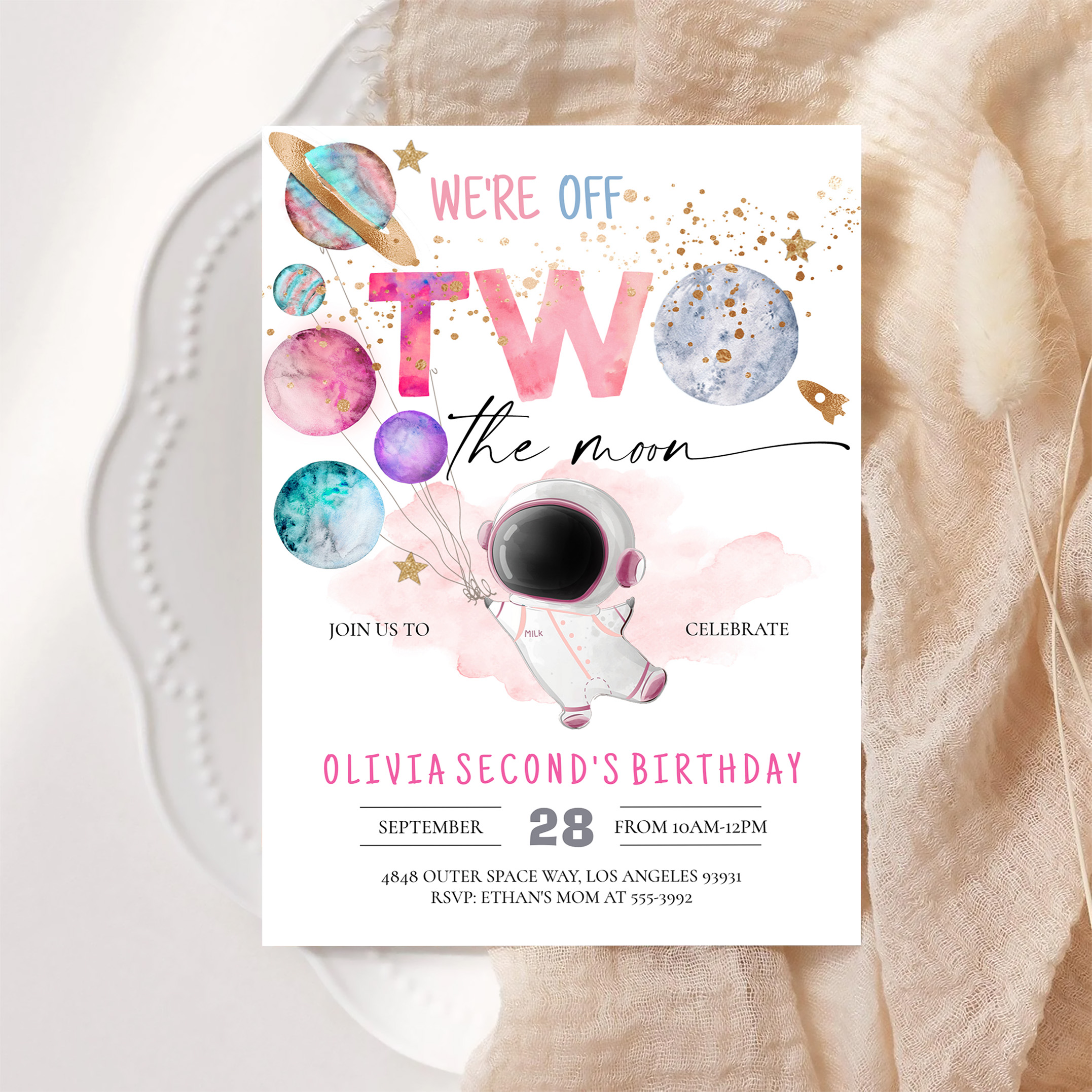 Two The Moon Astronaut Girl 2nd Birthday Invitation - Image 6