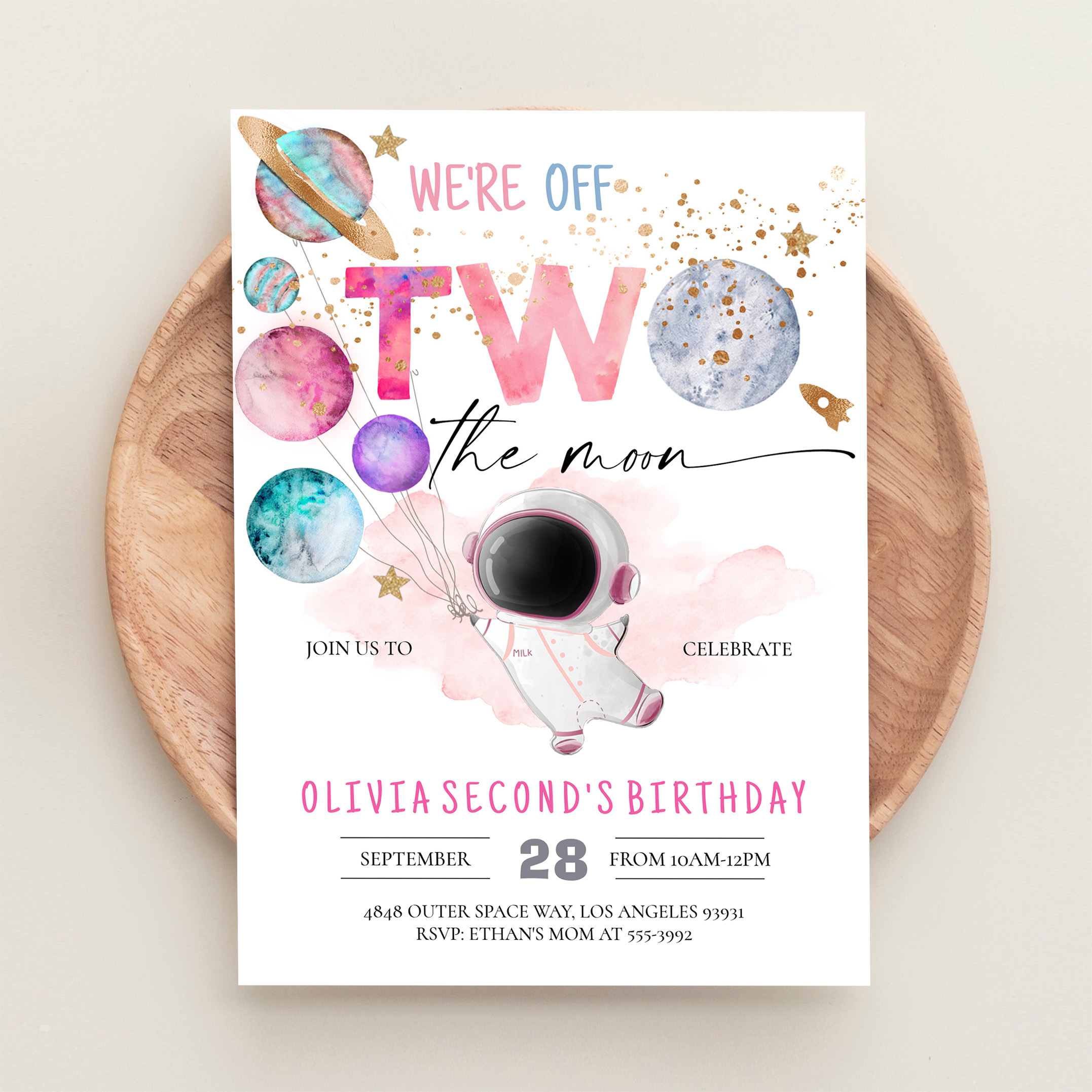Two The Moon Astronaut Girl 2nd Birthday Invitation - Image 7