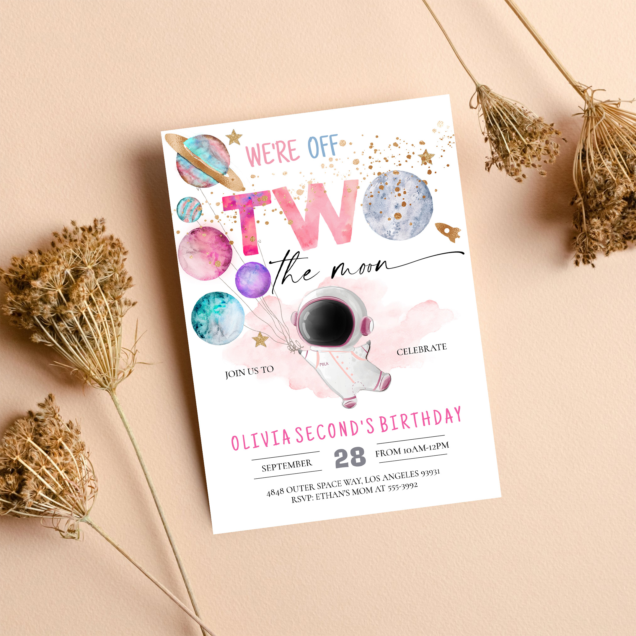 Two The Moon Astronaut Girl 2nd Birthday Invitation - Image 8