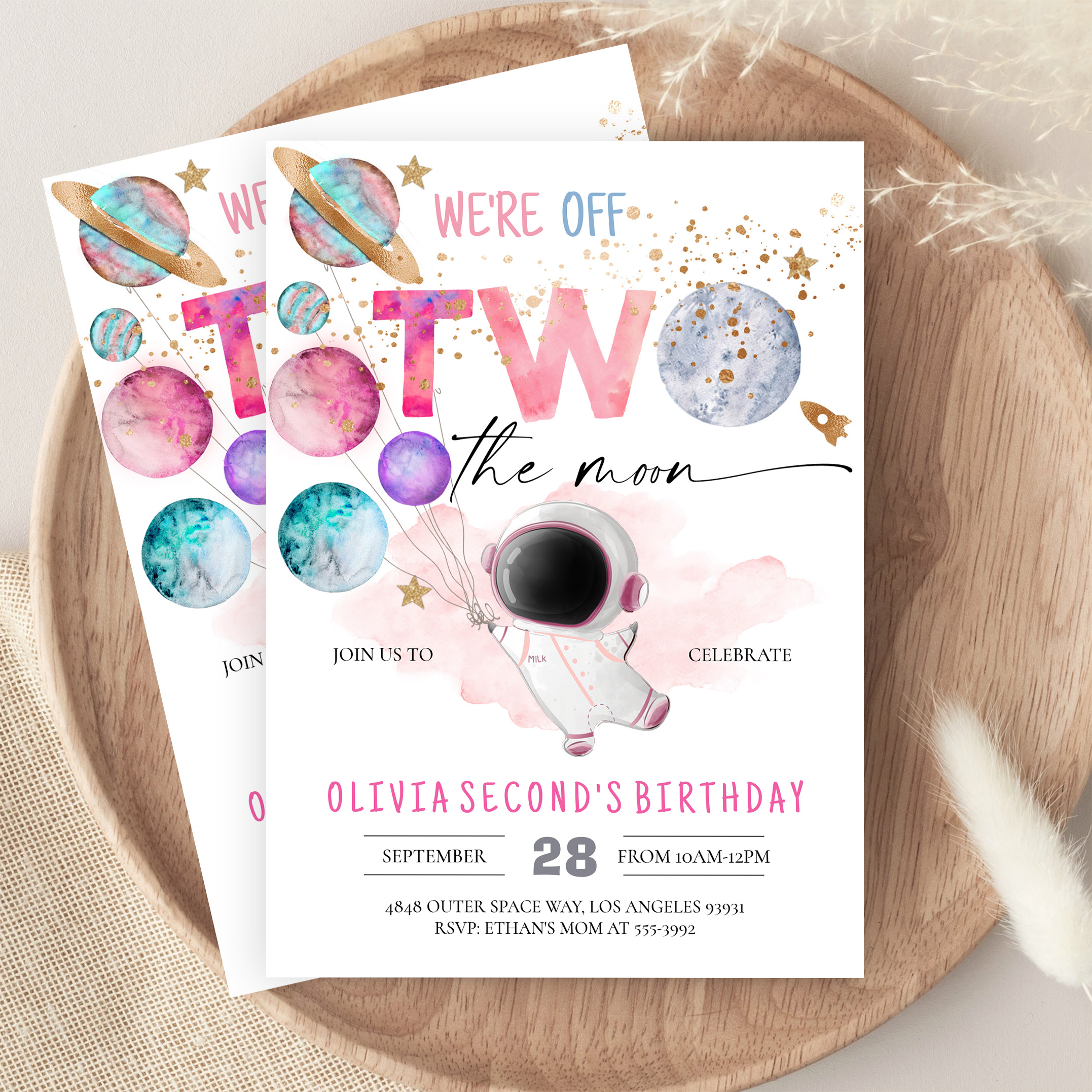 Two The Moon Astronaut Girl 2nd Birthday Invitation - Image 9