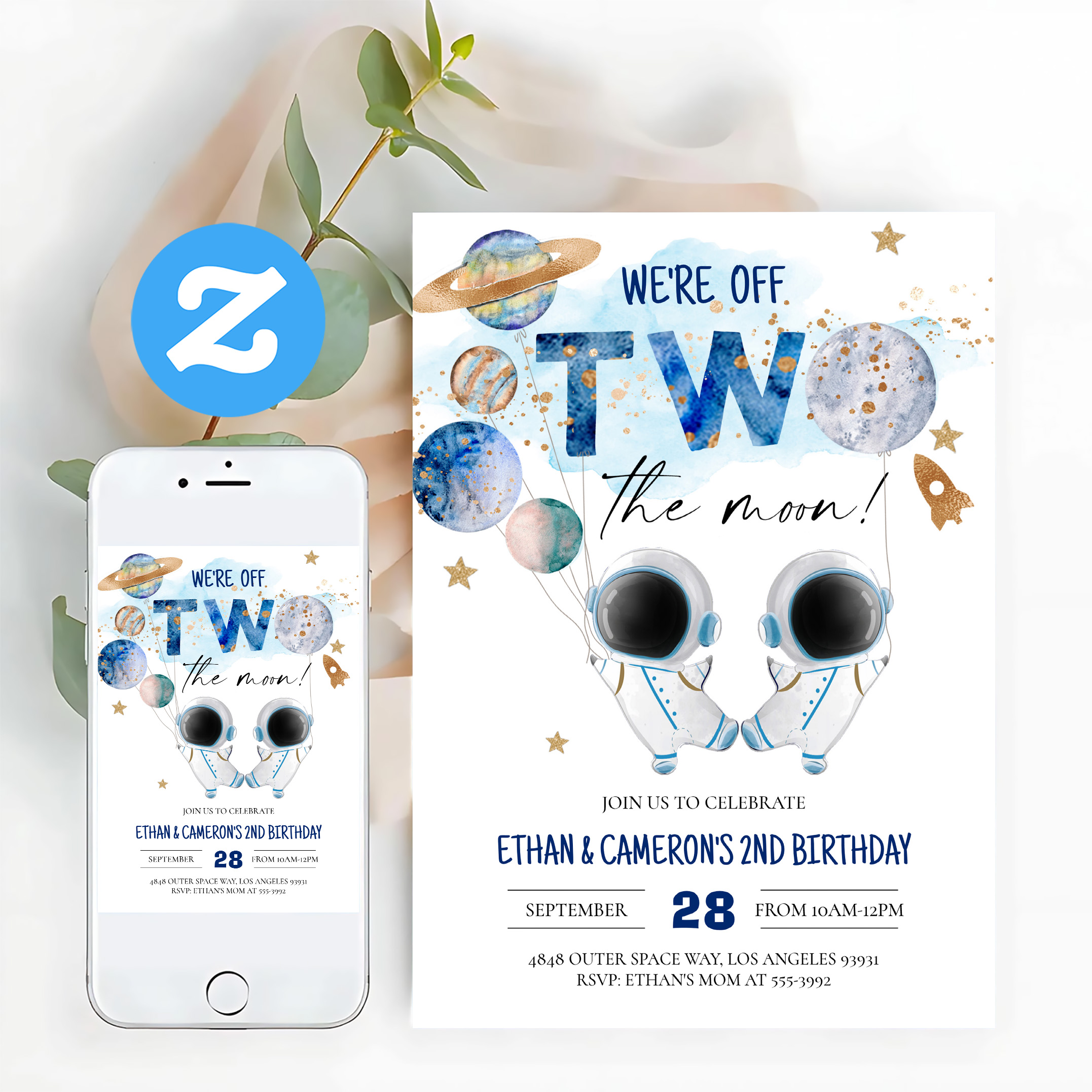 Two The Moon Astronaut Girl 2nd Boy Birthday Invitation - Image 12