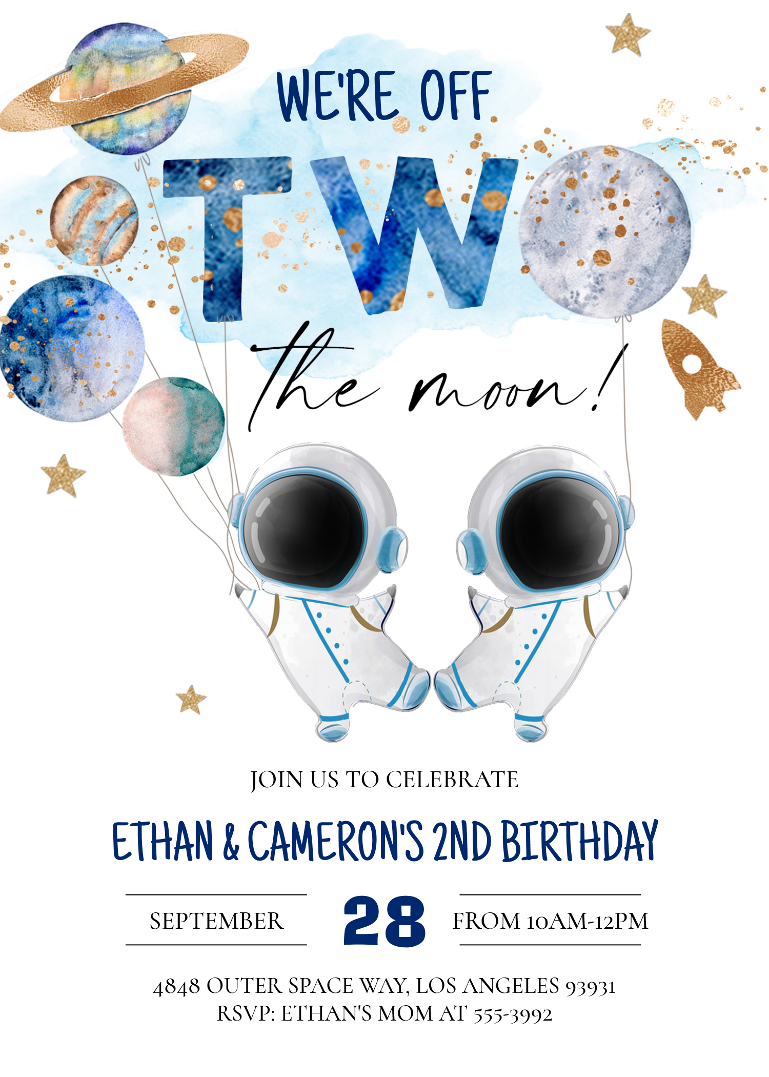 Two The Moon Astronaut Girl 2nd Boy Birthday Invitation