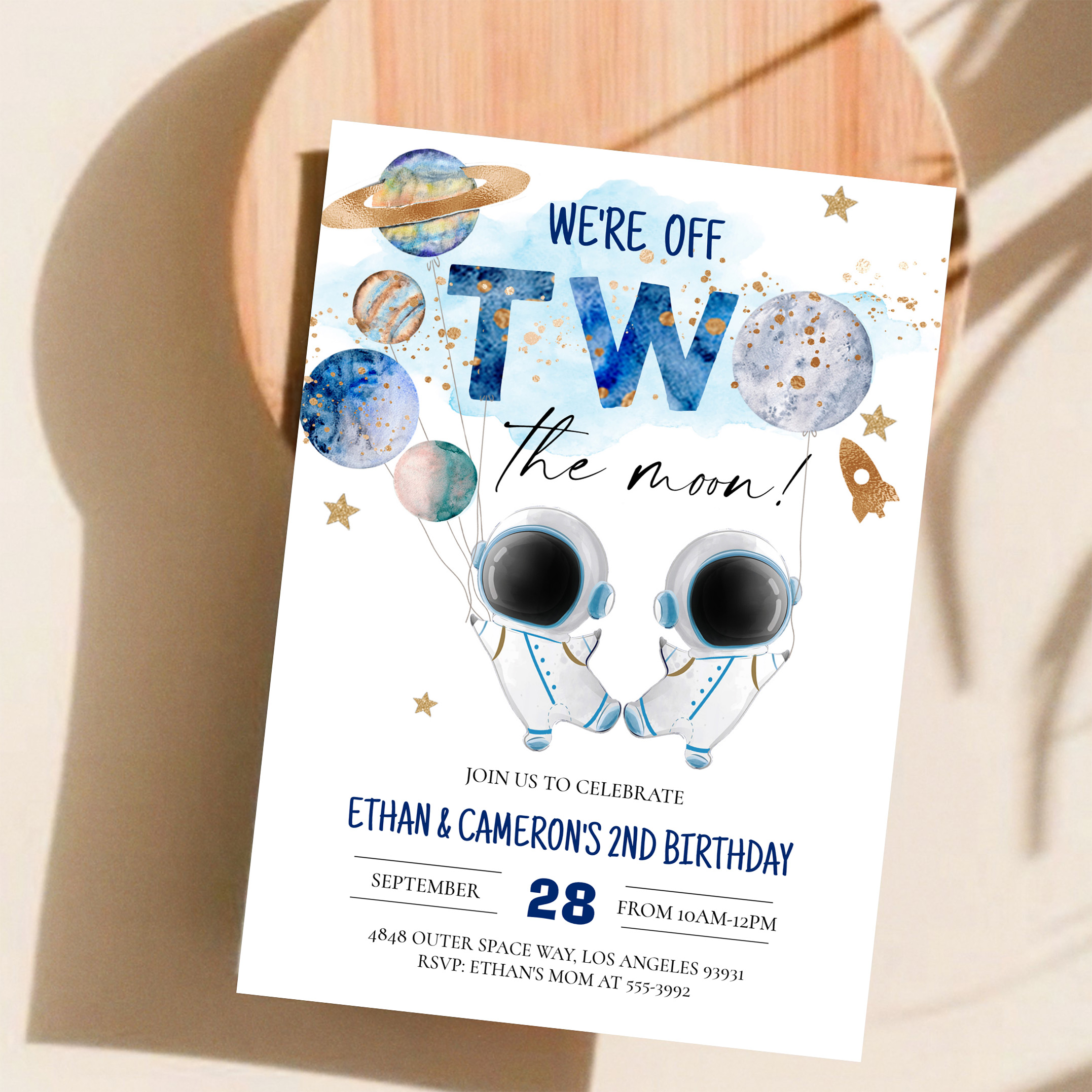 Two The Moon Astronaut Girl 2nd Boy Birthday Invitation - Image 11