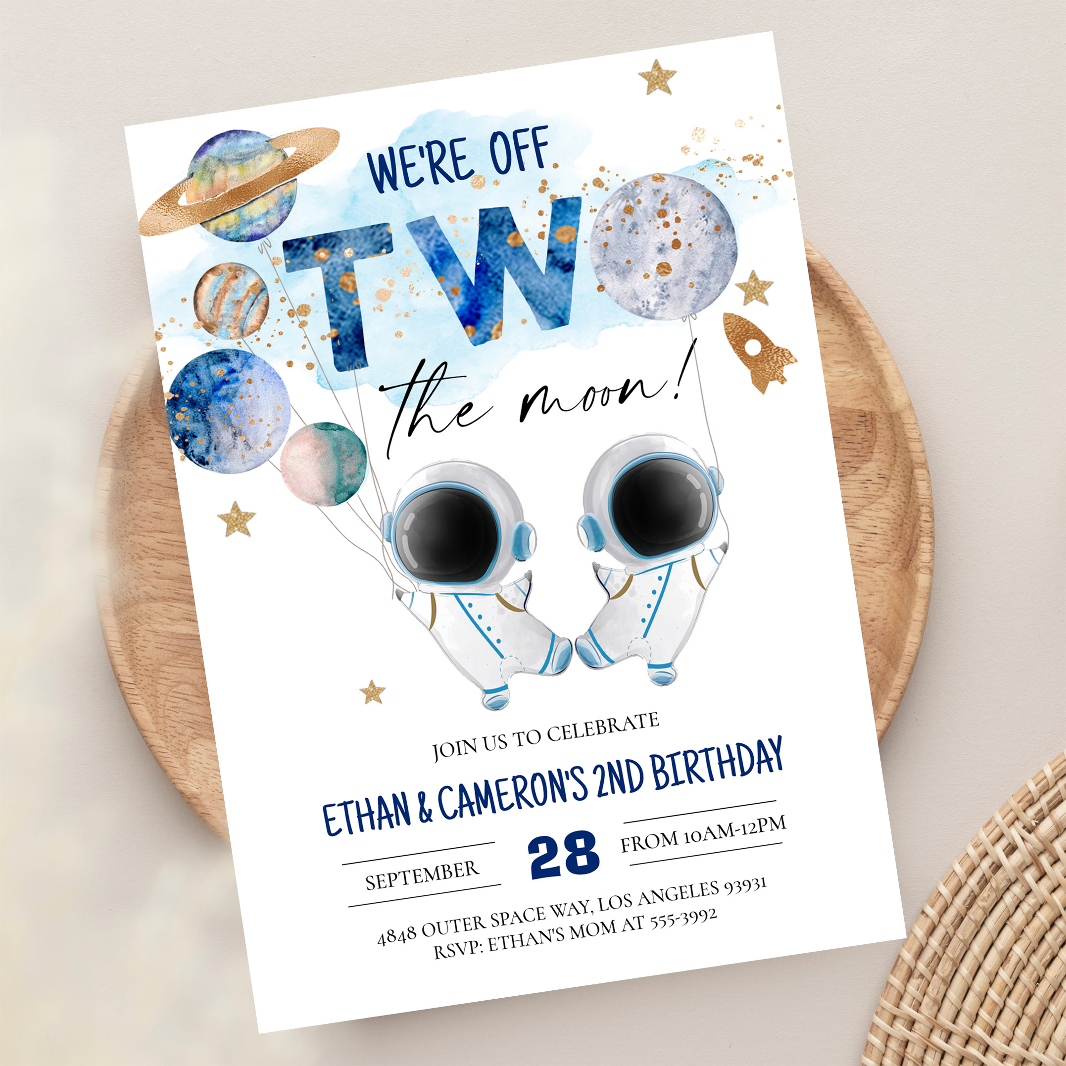 Two The Moon Astronaut Girl 2nd Boy Birthday Invitation - Image 13