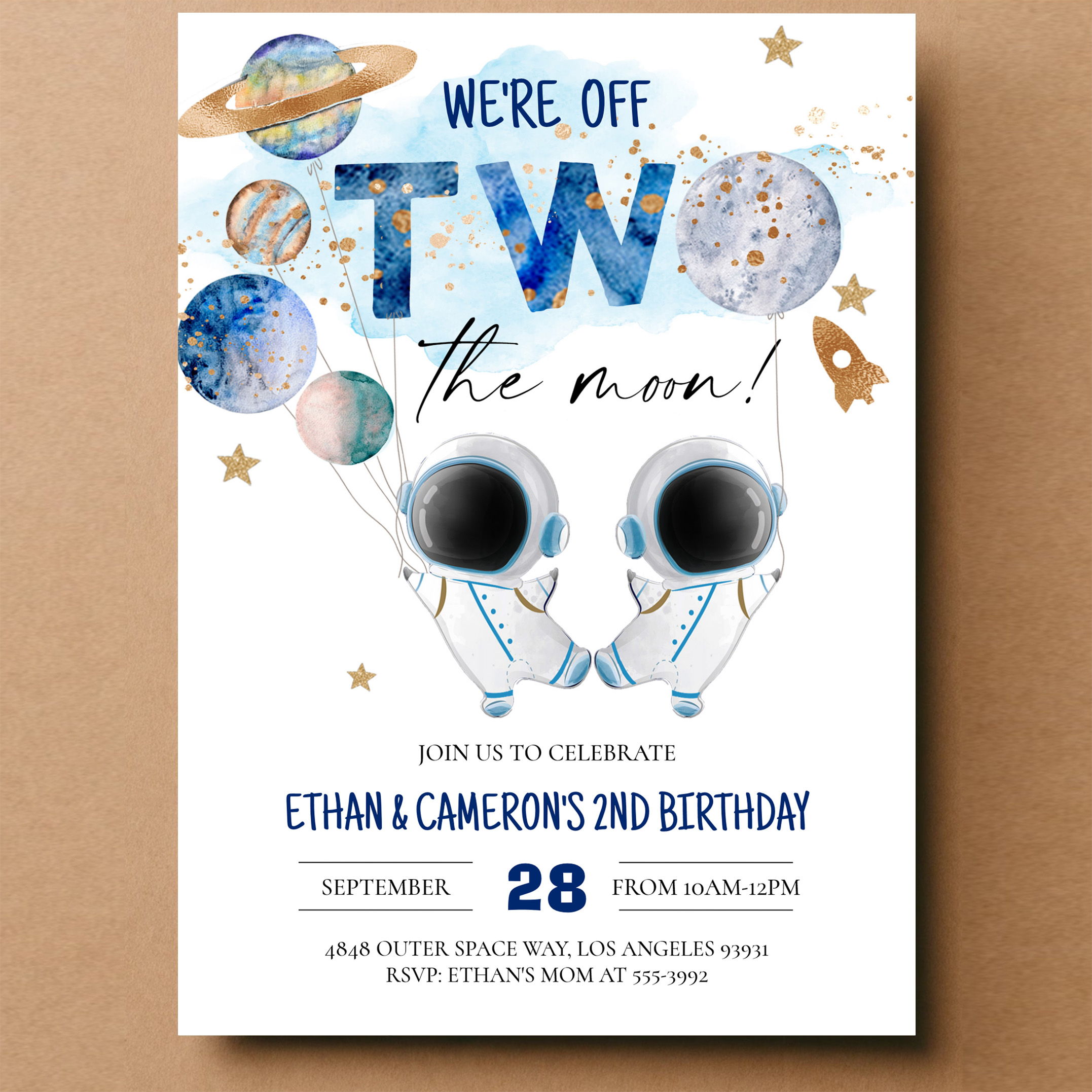 Two The Moon Astronaut Girl 2nd Boy Birthday Invitation - Image 14