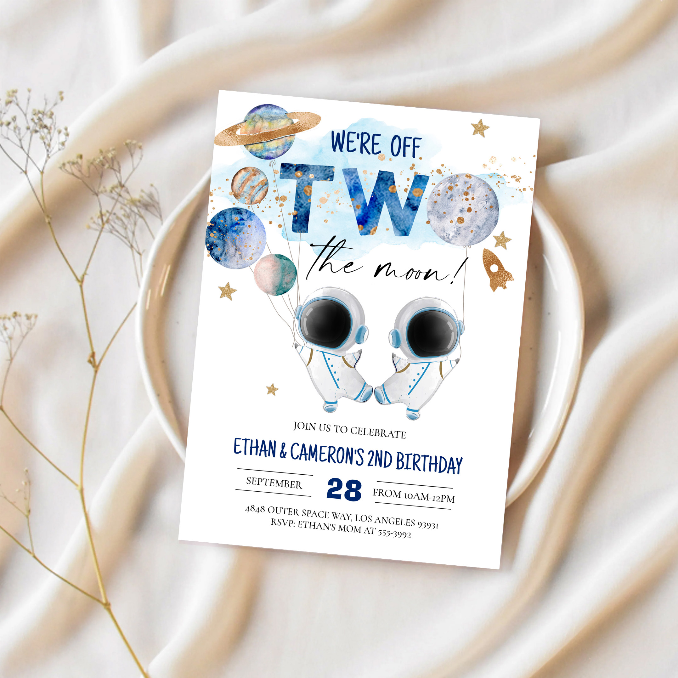 Two The Moon Astronaut Girl 2nd Boy Birthday Invitation - Image 2