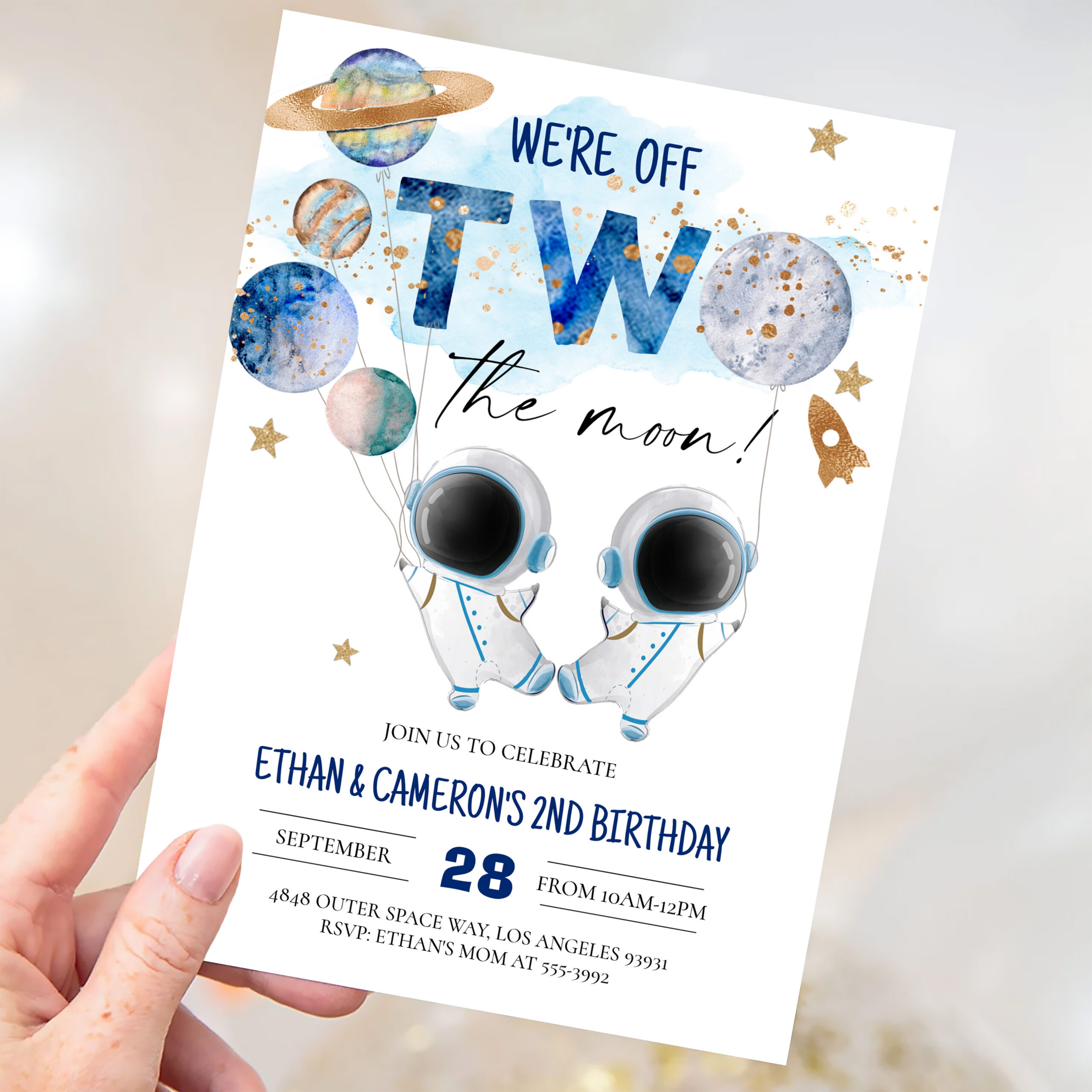 Two The Moon Astronaut Girl 2nd Boy Birthday Invitation - Image 3