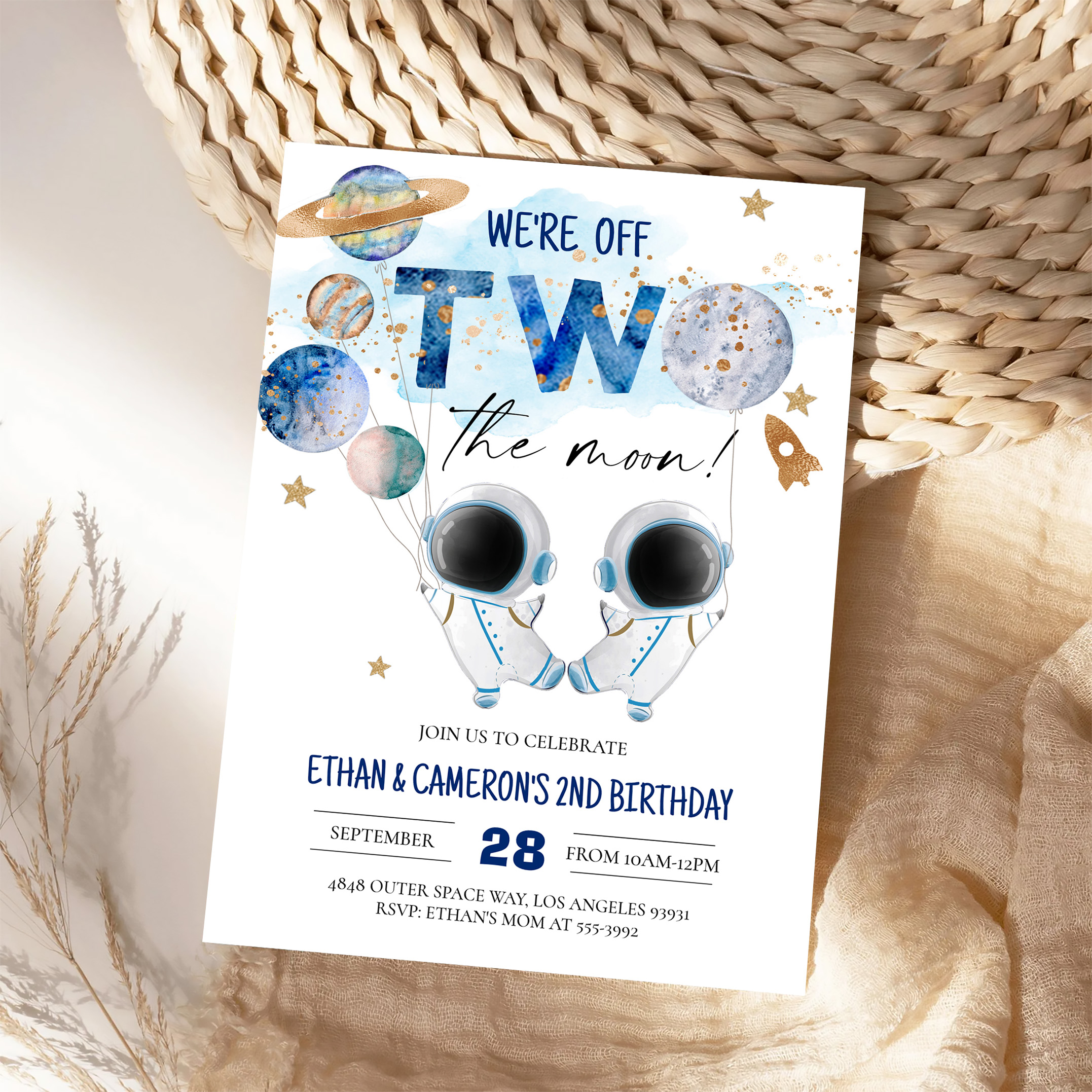 Two The Moon Astronaut Girl 2nd Boy Birthday Invitation - Image 4