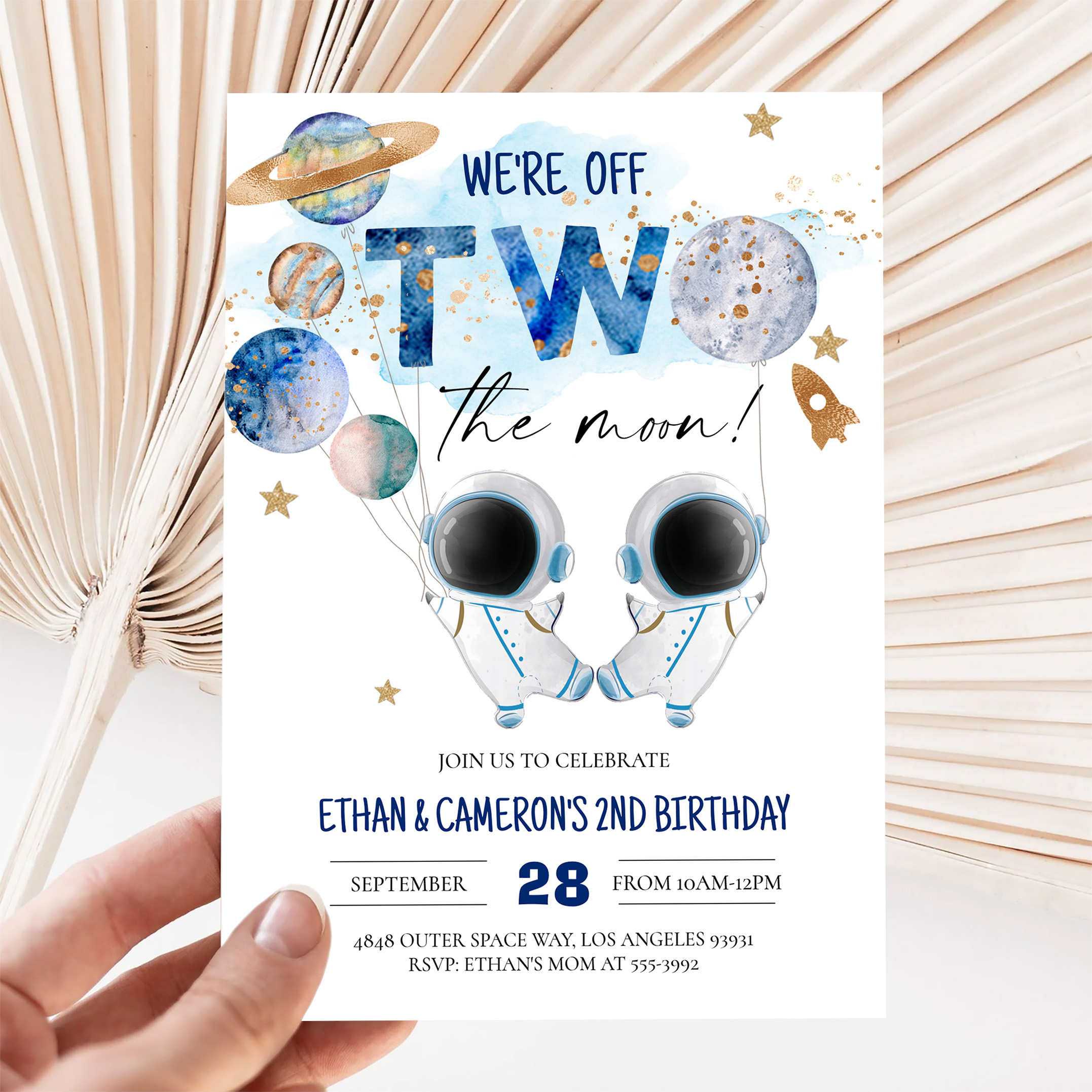 Two The Moon Astronaut Girl 2nd Boy Birthday Invitation - Image 5