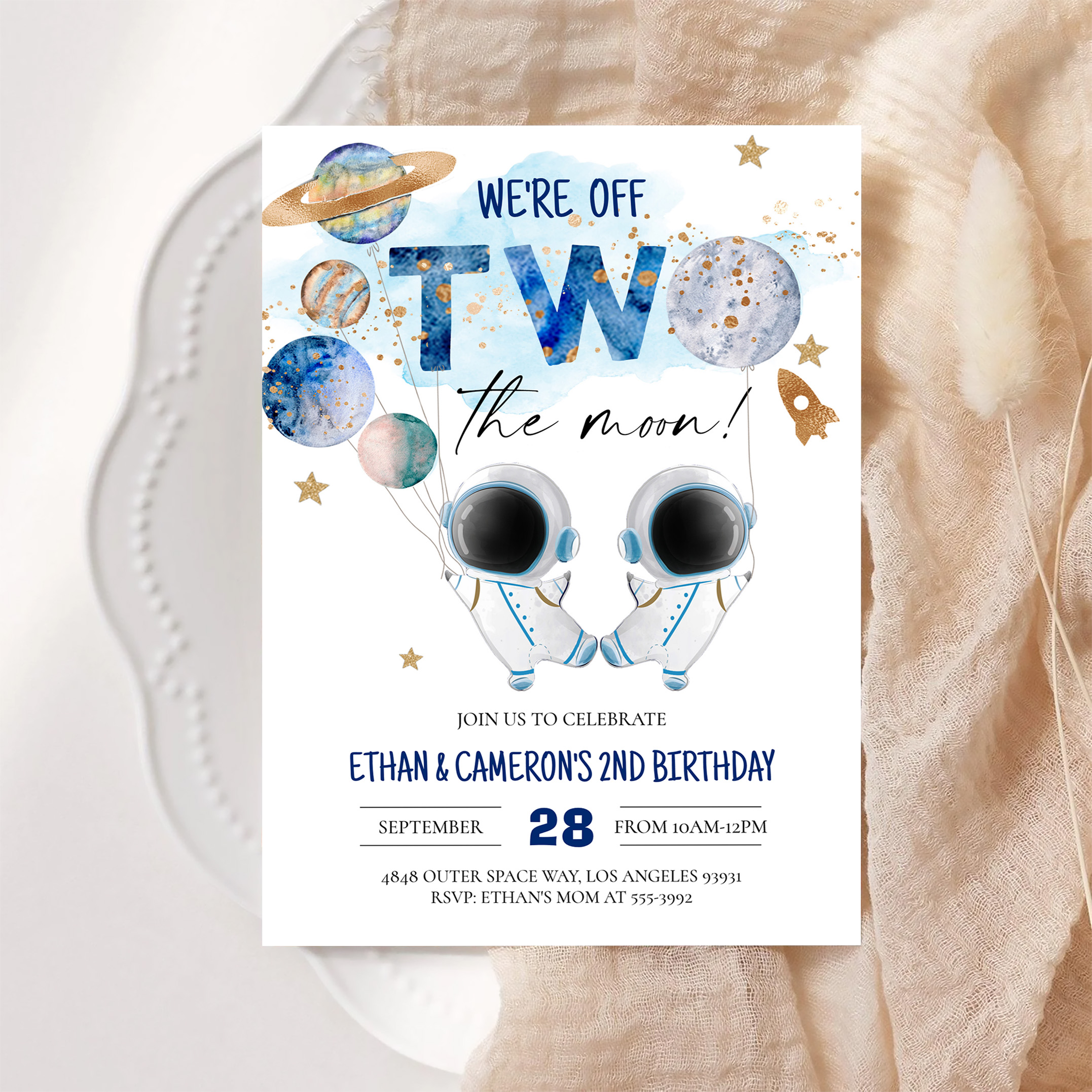 Two The Moon Astronaut Girl 2nd Boy Birthday Invitation - Image 6