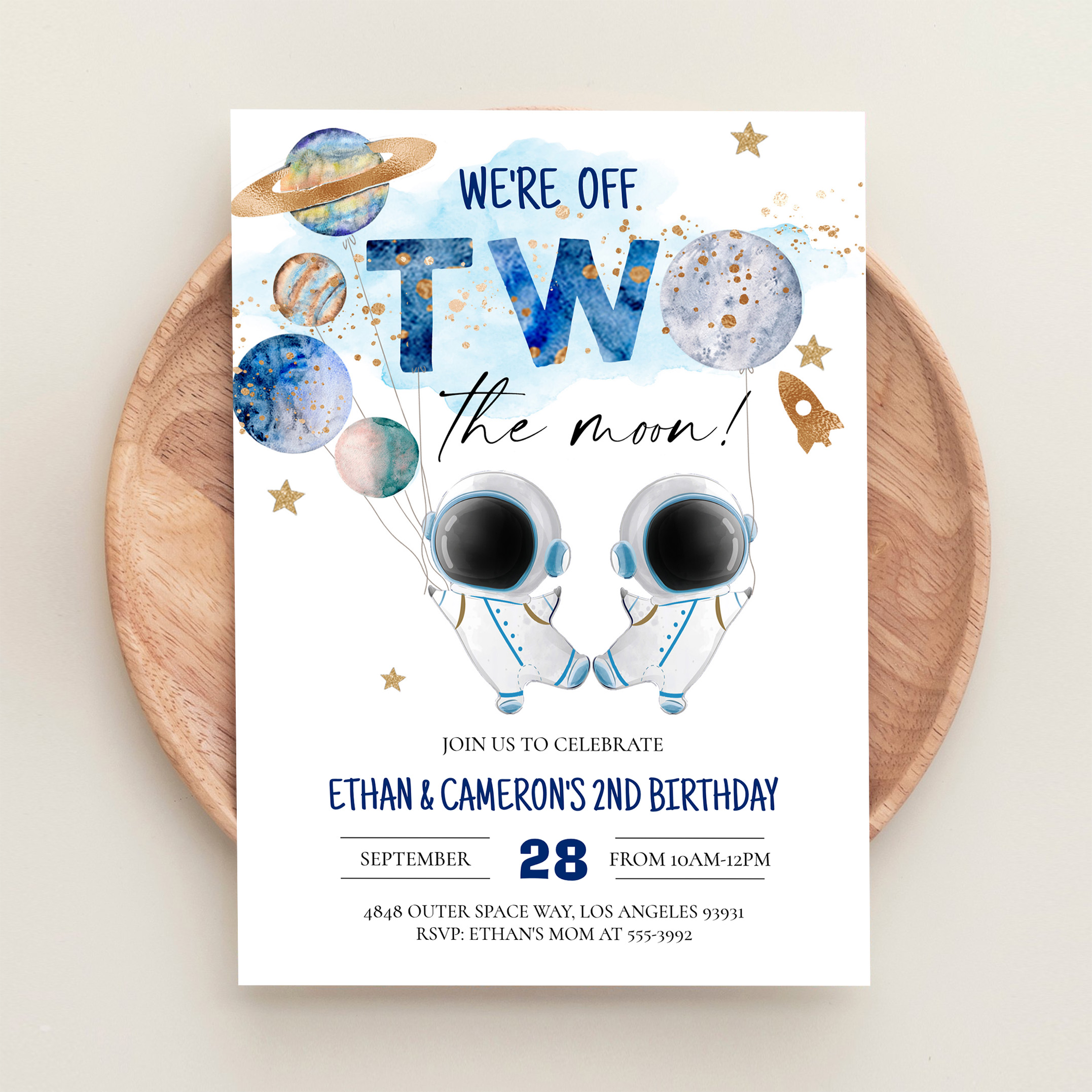 Two The Moon Astronaut Girl 2nd Boy Birthday Invitation - Image 7