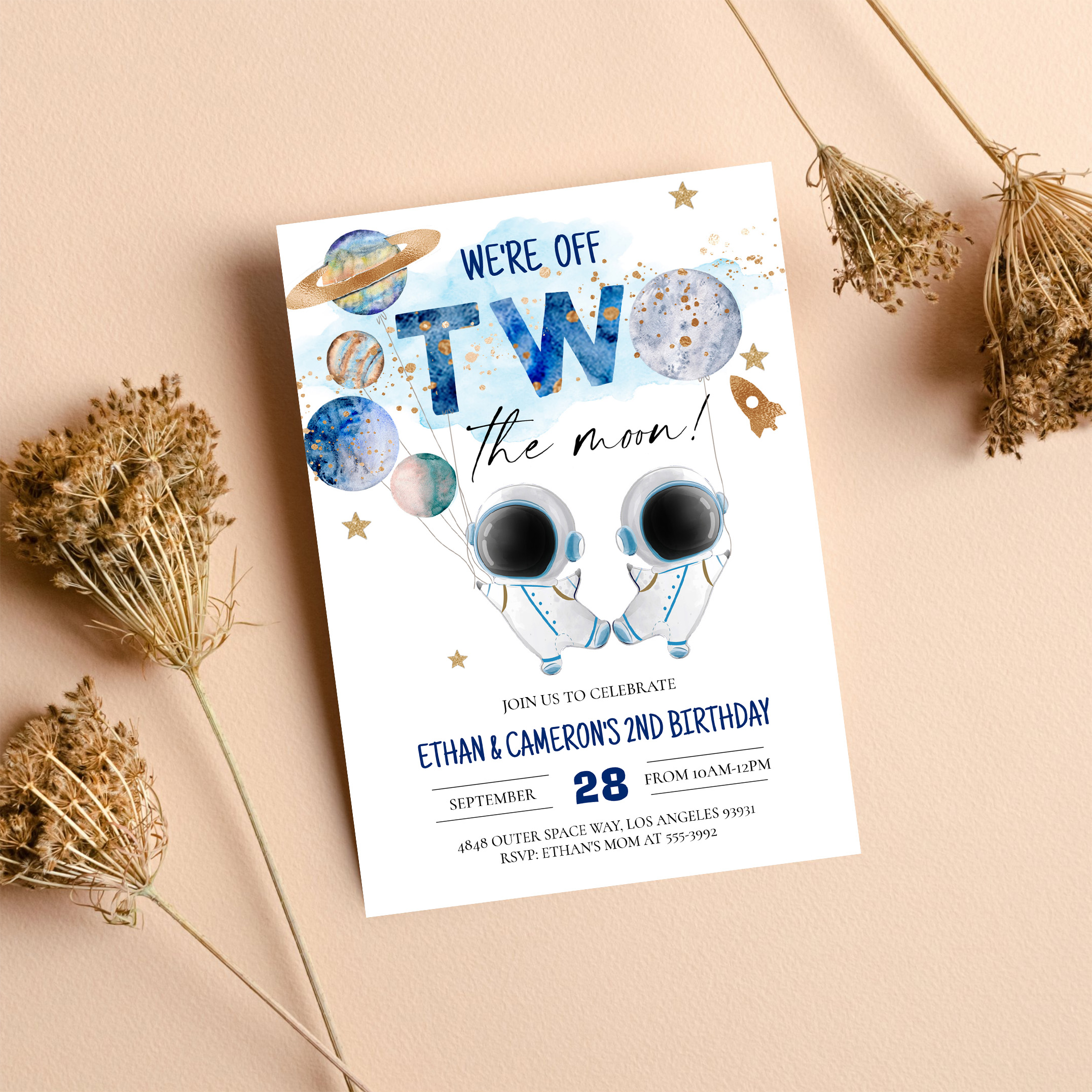 Two The Moon Astronaut Girl 2nd Boy Birthday Invitation - Image 8