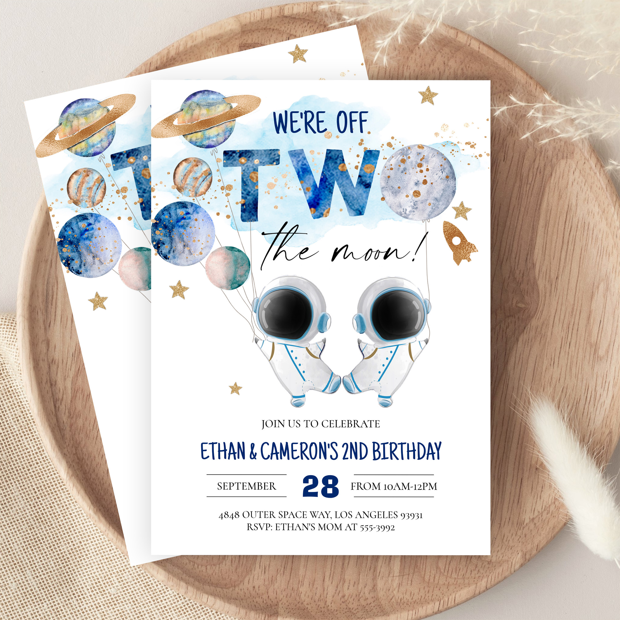 Two The Moon Astronaut Girl 2nd Boy Birthday Invitation - Image 9