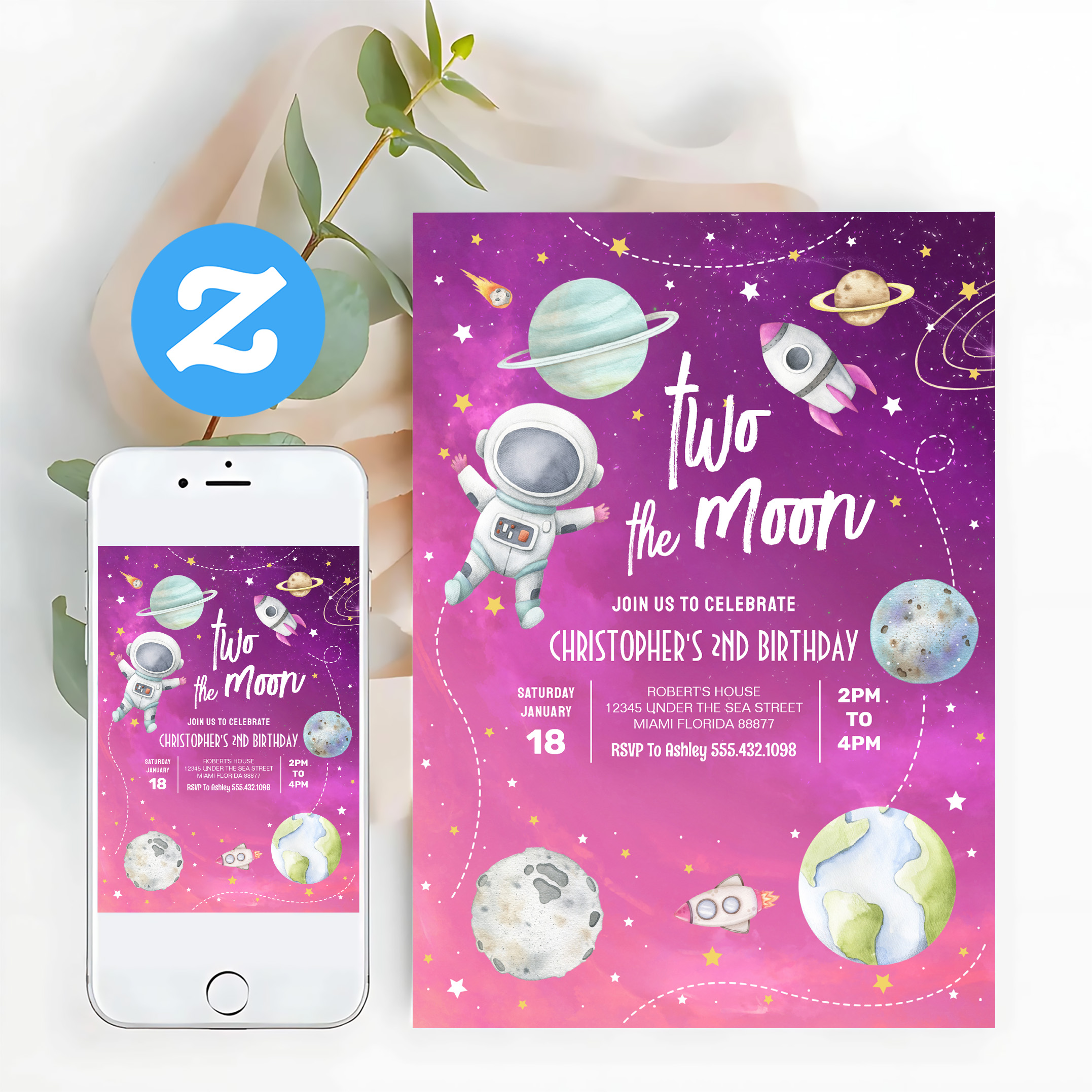 Two The Moon Outer Space Galaxy 2nd Birthday Invitation - Image 12